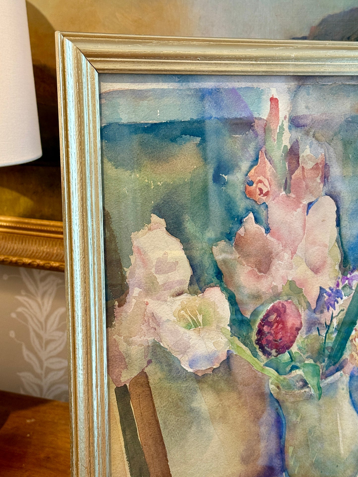 Attr. to Arthur Beecher Carles Watercolor Lilies and Floral Still Life Painting in Gold Frame