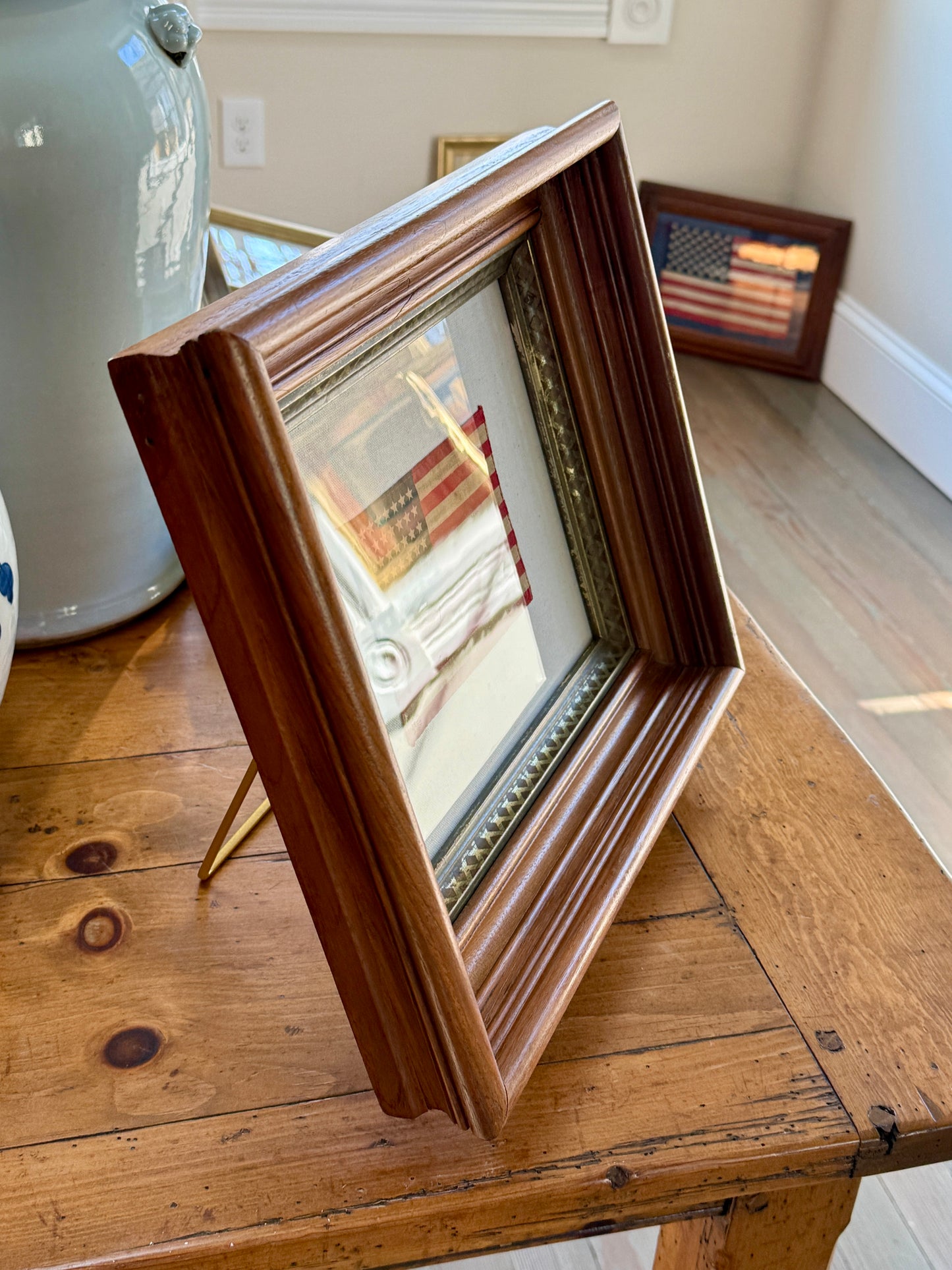 48 Star American Flag on Natural Twill in Deep 19th Century Wood and Gilded Frame