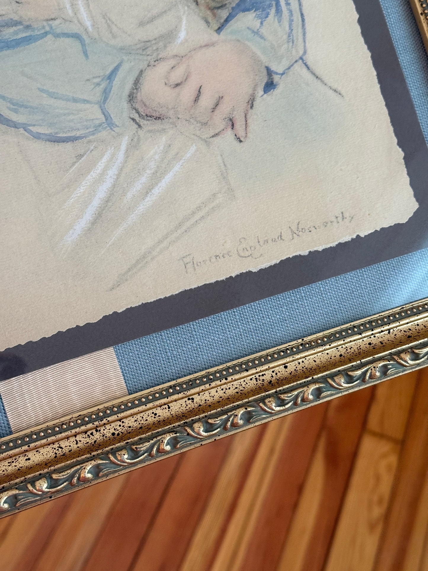 Florence Norworthy Pastel Portrait of Girl in Sun Hat with Bow in Ornate Gold Frame