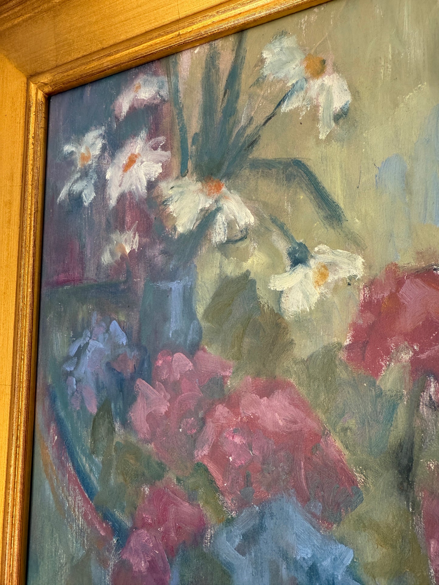 Vintage Hydrangea Floral Still Life Oil Painting in Gold Frame