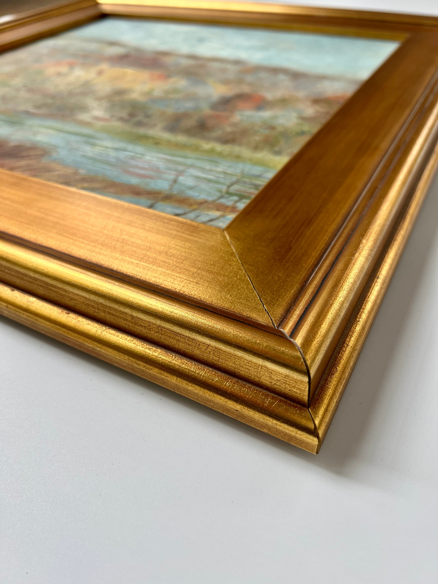 Antique Colorful Coastal Landscape Painting in Gold Frame