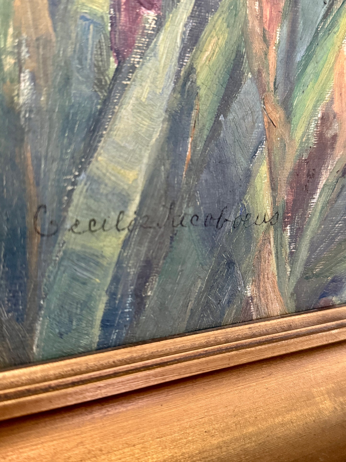 Cecilie Jacobaeus Early 20th Century Irises Oil Painting in Gold Frame