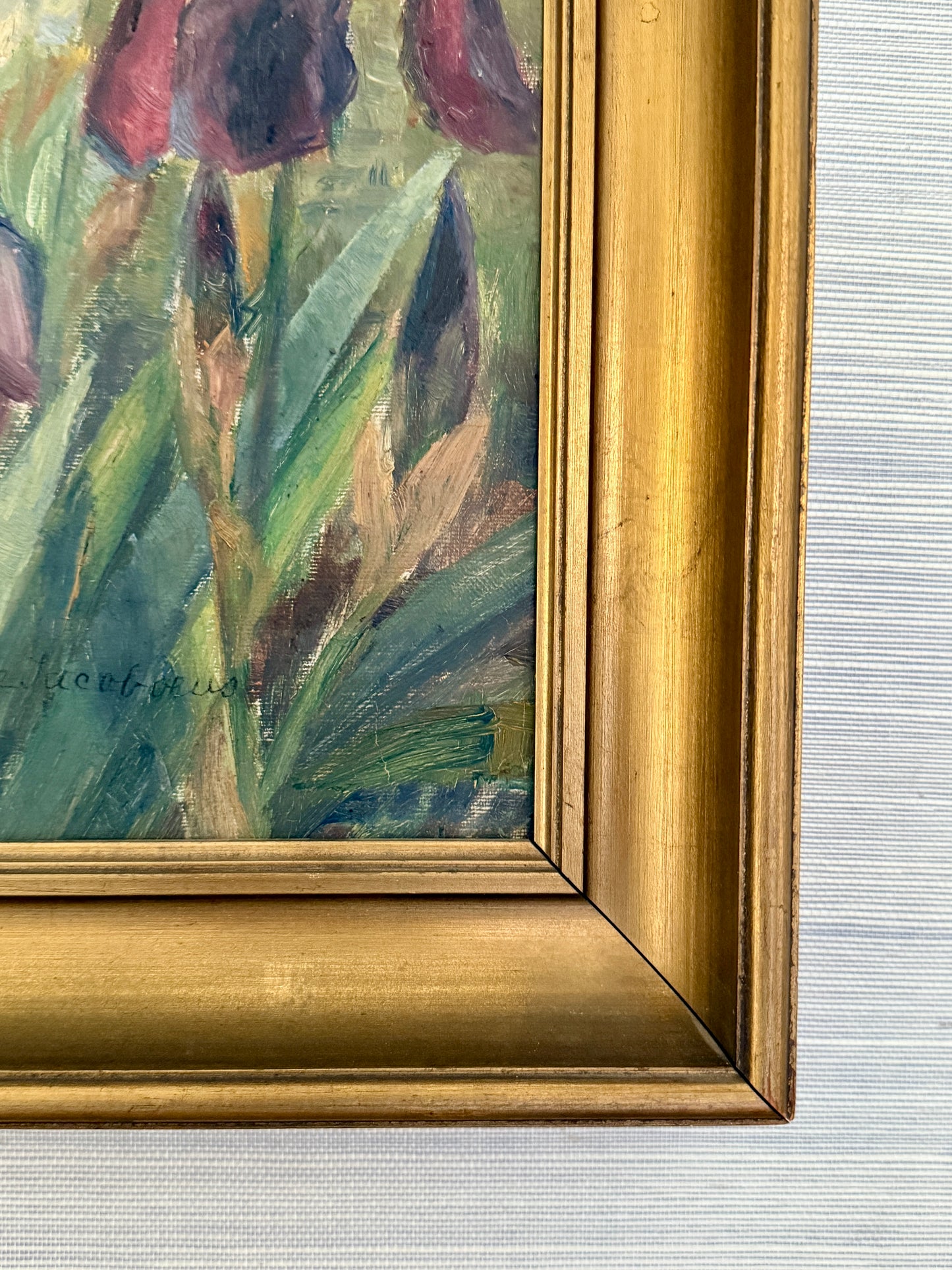 Cecilie Jacobaeus Early 20th Century Irises Oil Painting in Gold Frame
