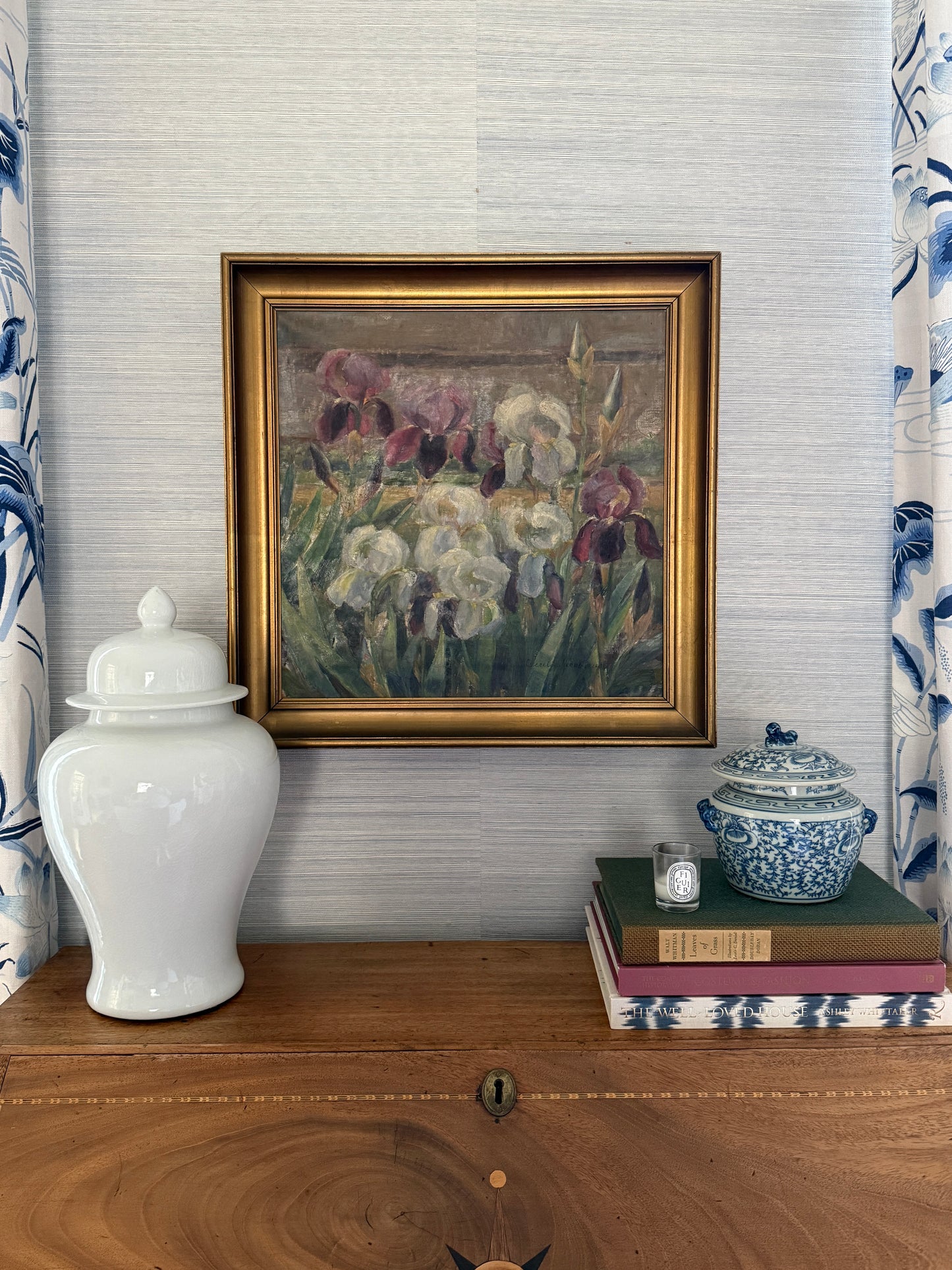 Cecilie Jacobaeus Early 20th Century Irises Oil Painting in Gold Frame