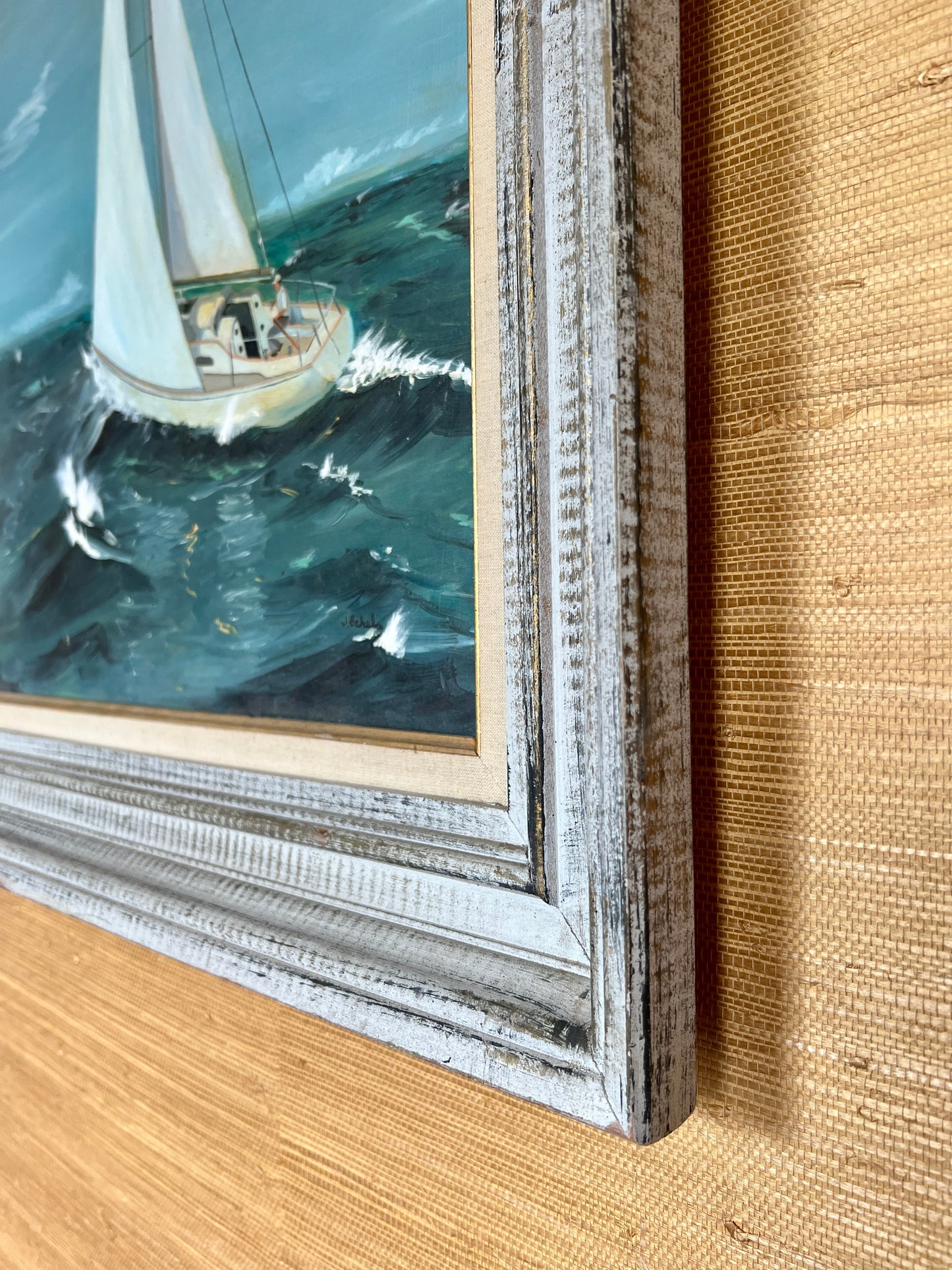 Mid Century Coastal Sailboat Seascape Oil Painting in Vintage Frame