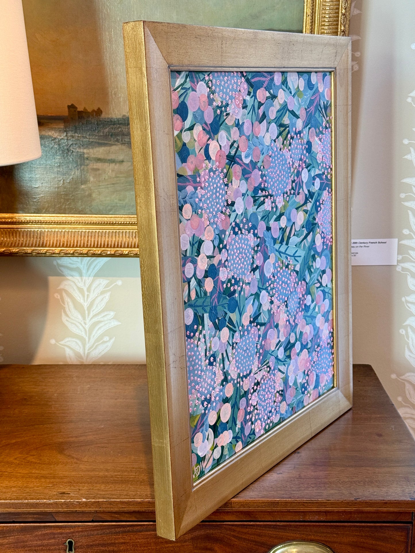 Alison Diamond McElroy Dreaming in Pink II Abstract Floral Painting in Gold Frame