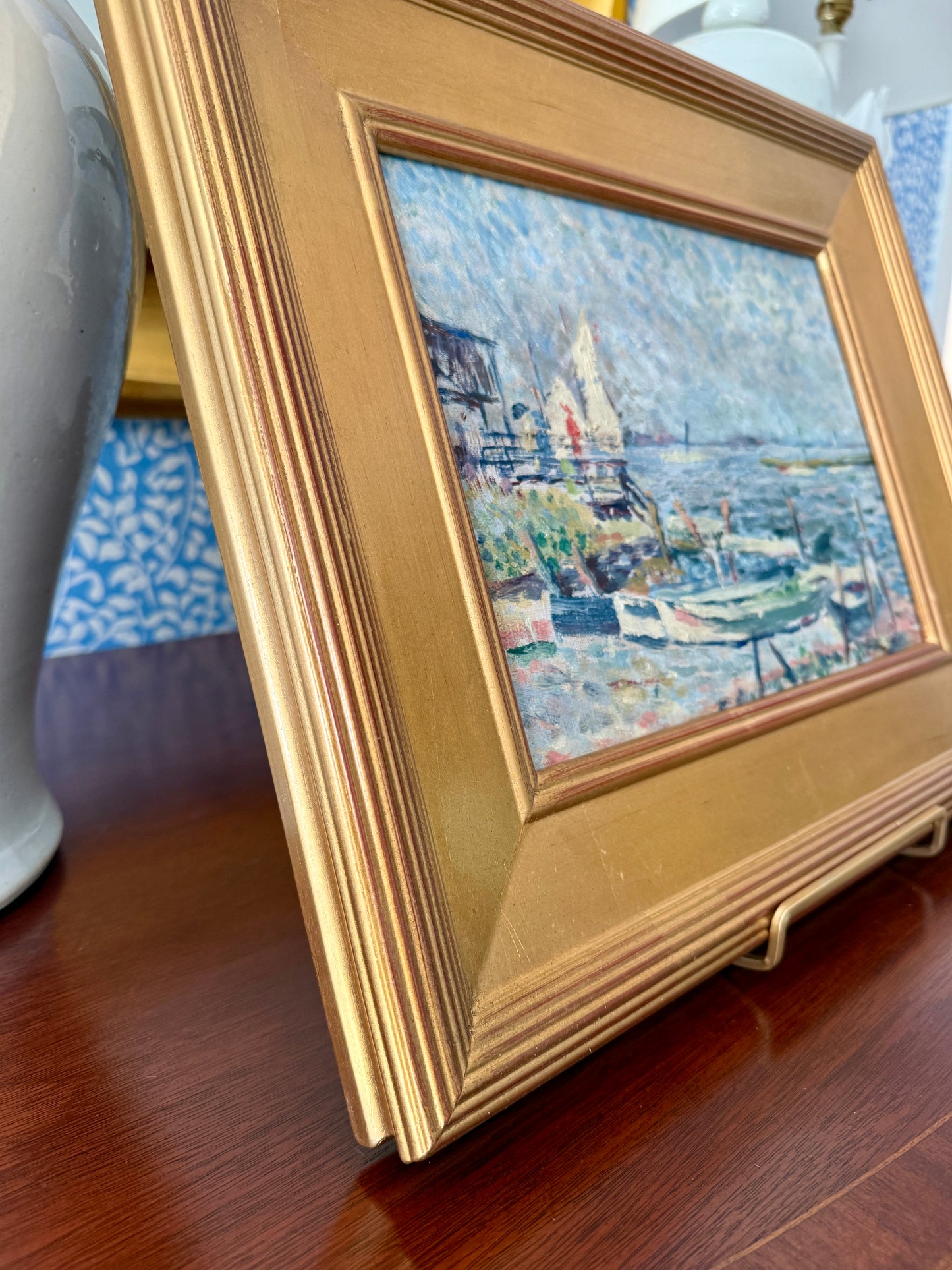 Hitz Impressionist Sailboats in Harborscape Oil Painting in Gold Frame