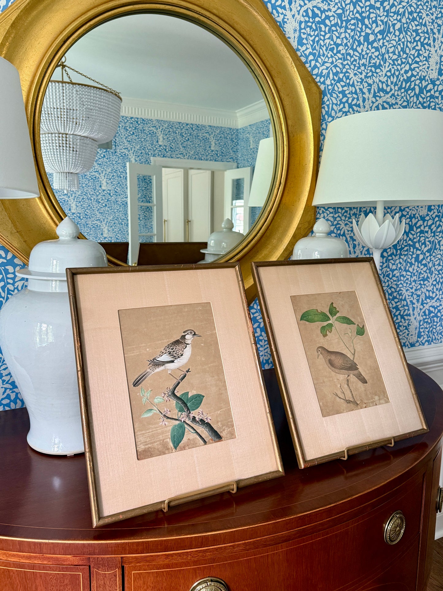 Pair of Antique Chinese Watercolor Painting Bird Portraits in Gilded Bamboo Frames