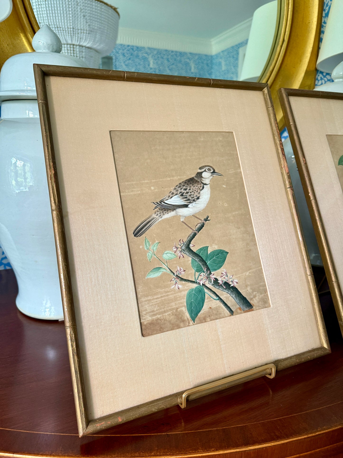 Pair of Antique Chinese Watercolor Painting Bird Portraits in Gilded Bamboo Frames