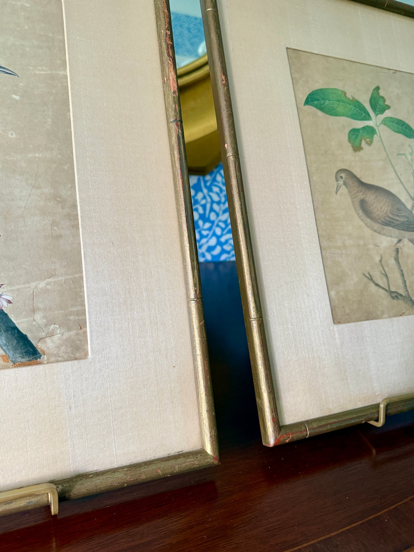 Pair of Antique Chinese Watercolor Painting Bird Portraits in Gilded Bamboo Frames