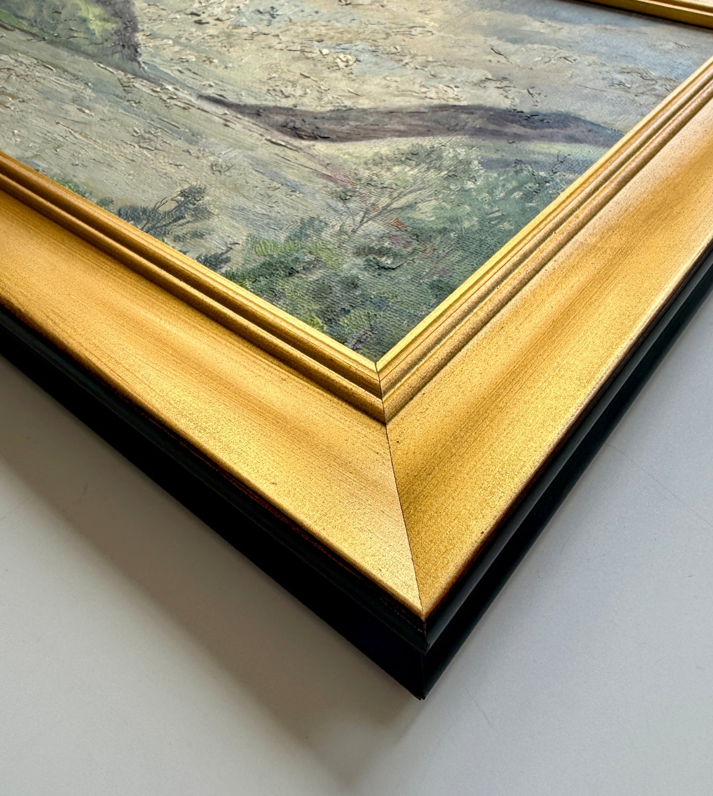 Vintage Blue Skies in the River Valley Mountain Landscape Oil Painting in Gold Frame