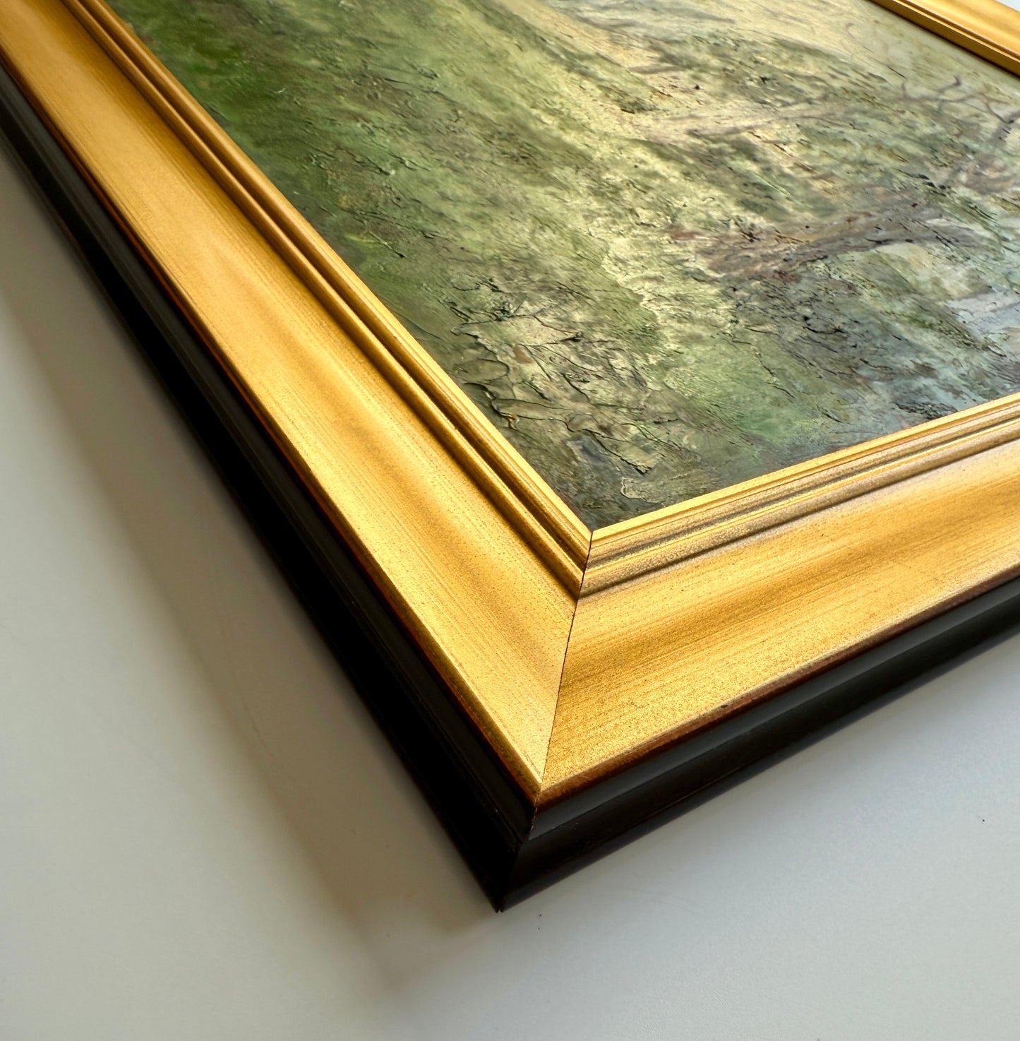 Vintage Wooded Path Verdant Landscape Oil Painting in Gold Frame