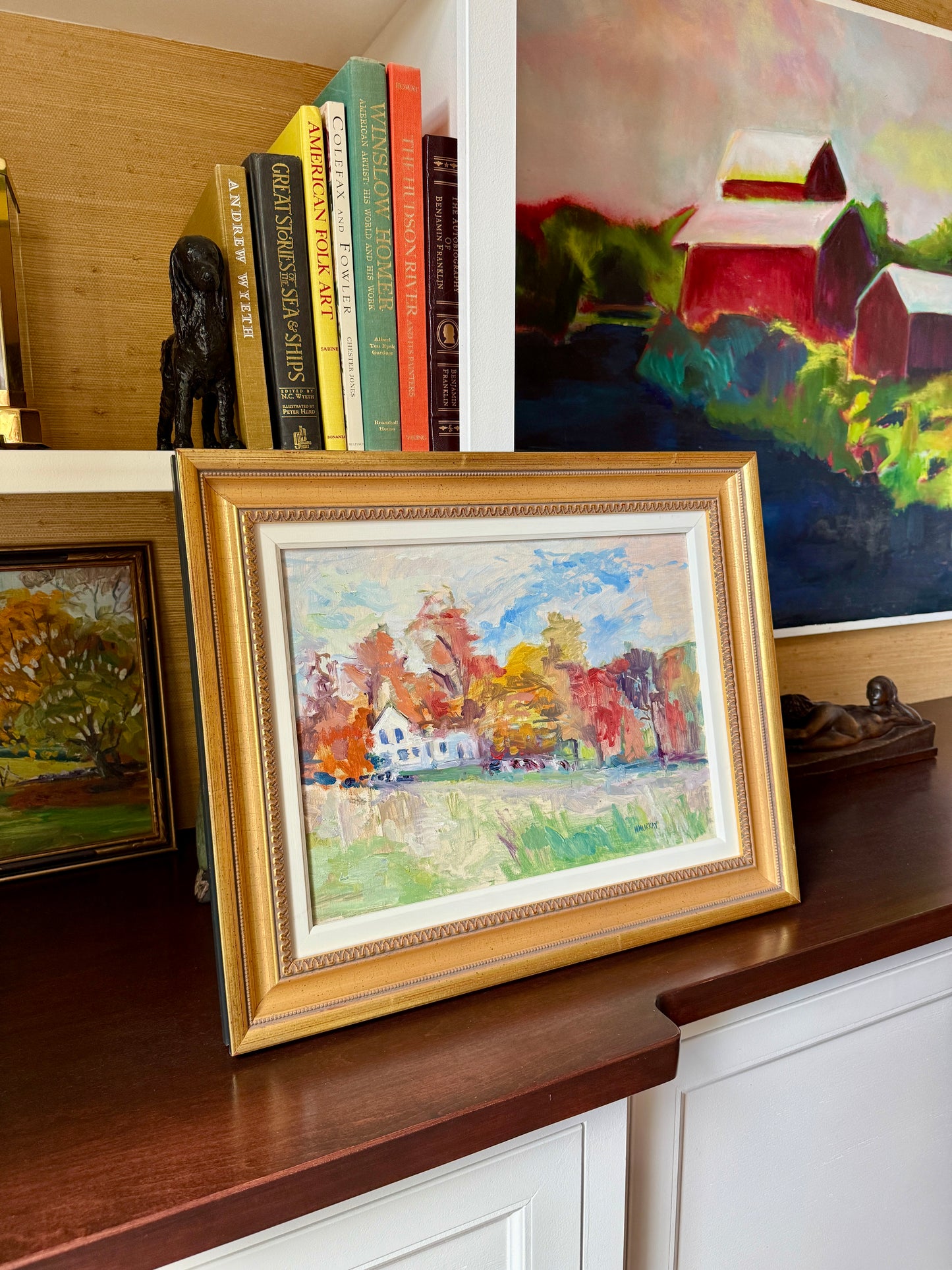 Hazel Murray Impressionist Fall White Farmhouse Landscape Oil Painting in Gold Frame
