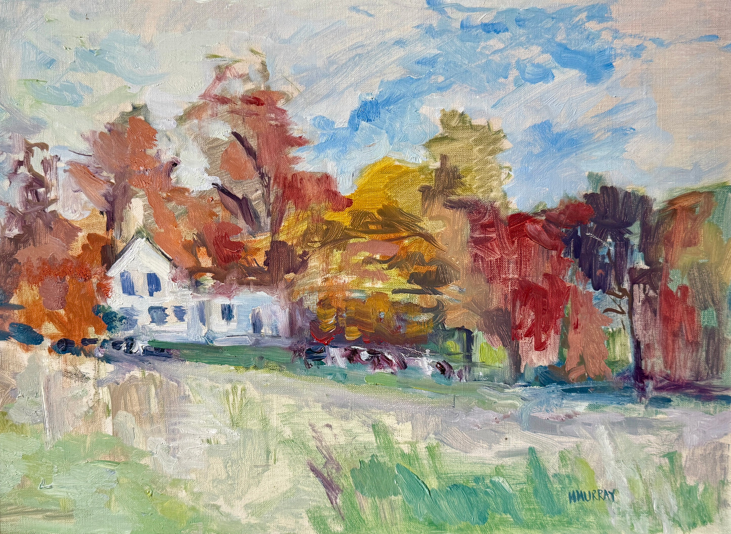Hazel Murray Impressionist Fall White Farmhouse Landscape Oil Painting in Gold Frame