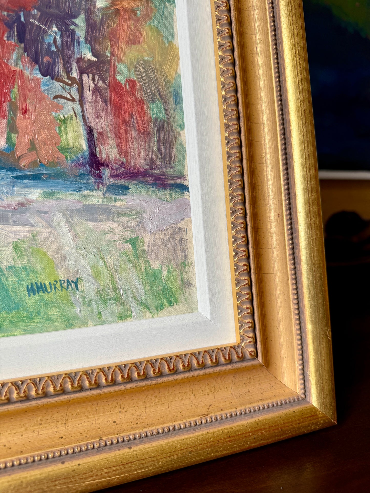 Hazel Murray Impressionist Fall White Farmhouse Landscape Oil Painting in Gold Frame