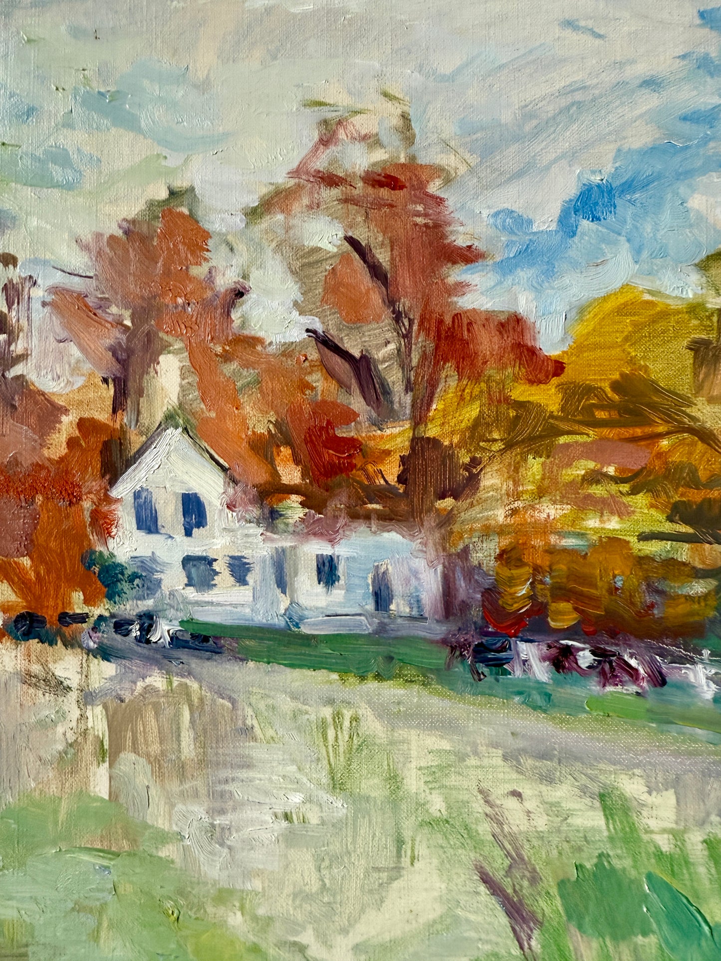 Hazel Murray Impressionist Fall White Farmhouse Landscape Oil Painting in Gold Frame