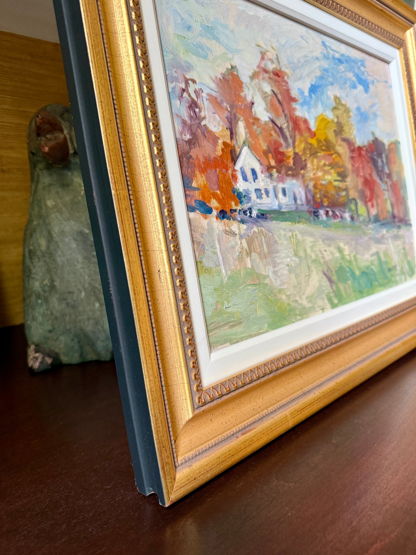Hazel Murray Impressionist Fall White Farmhouse Landscape Oil Painting in Gold Frame