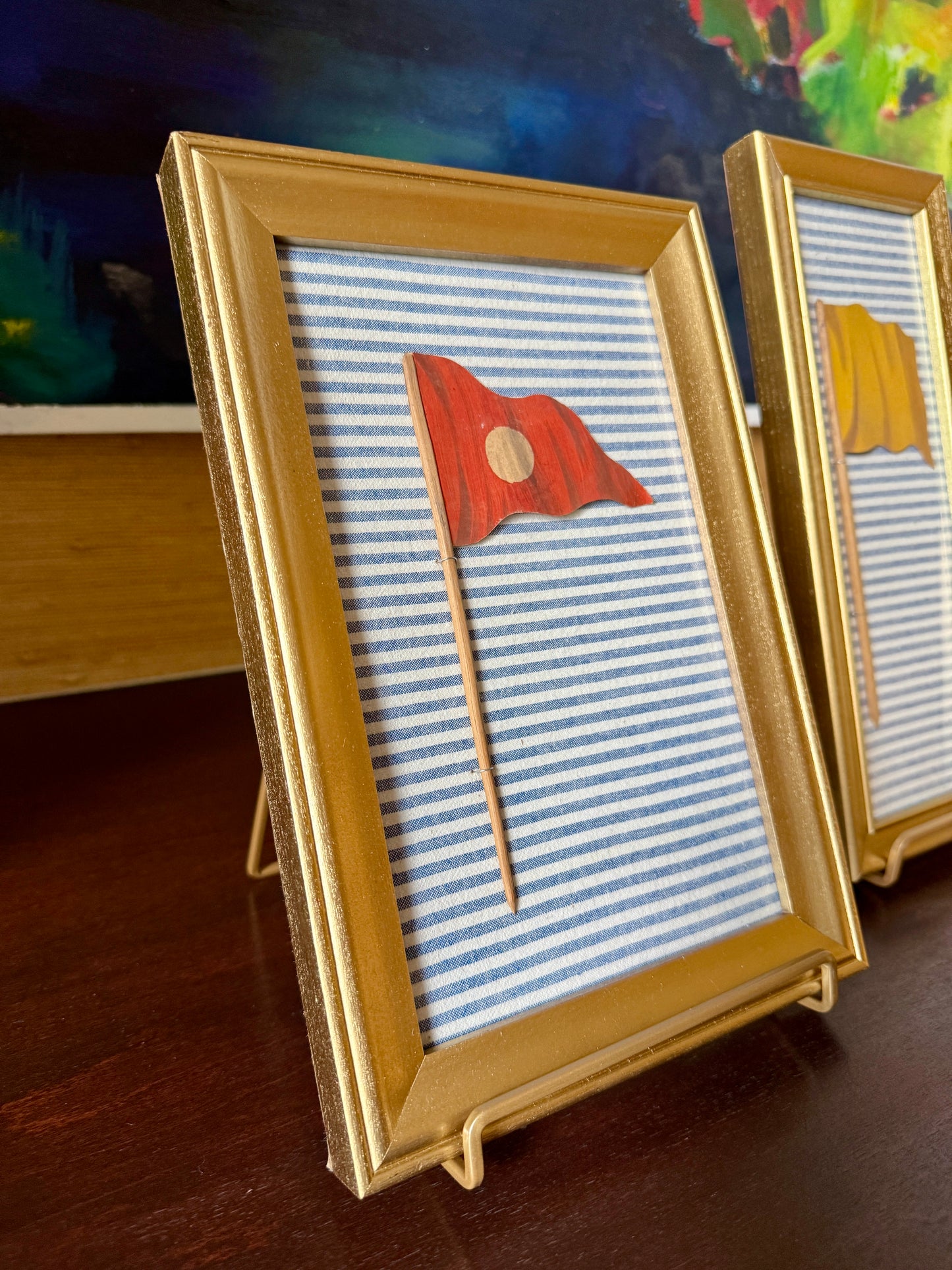 1905 Trio of Nautical Flag Oil Paintings on Blue and White in Gold Frames