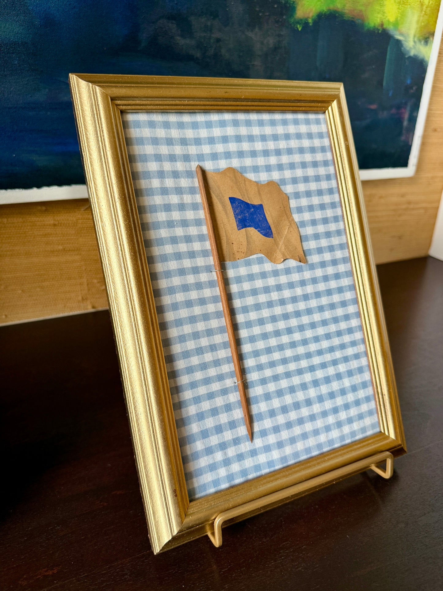 1905 Trio of Nautical Flag Oil Paintings on Blue and White in Gold Frames