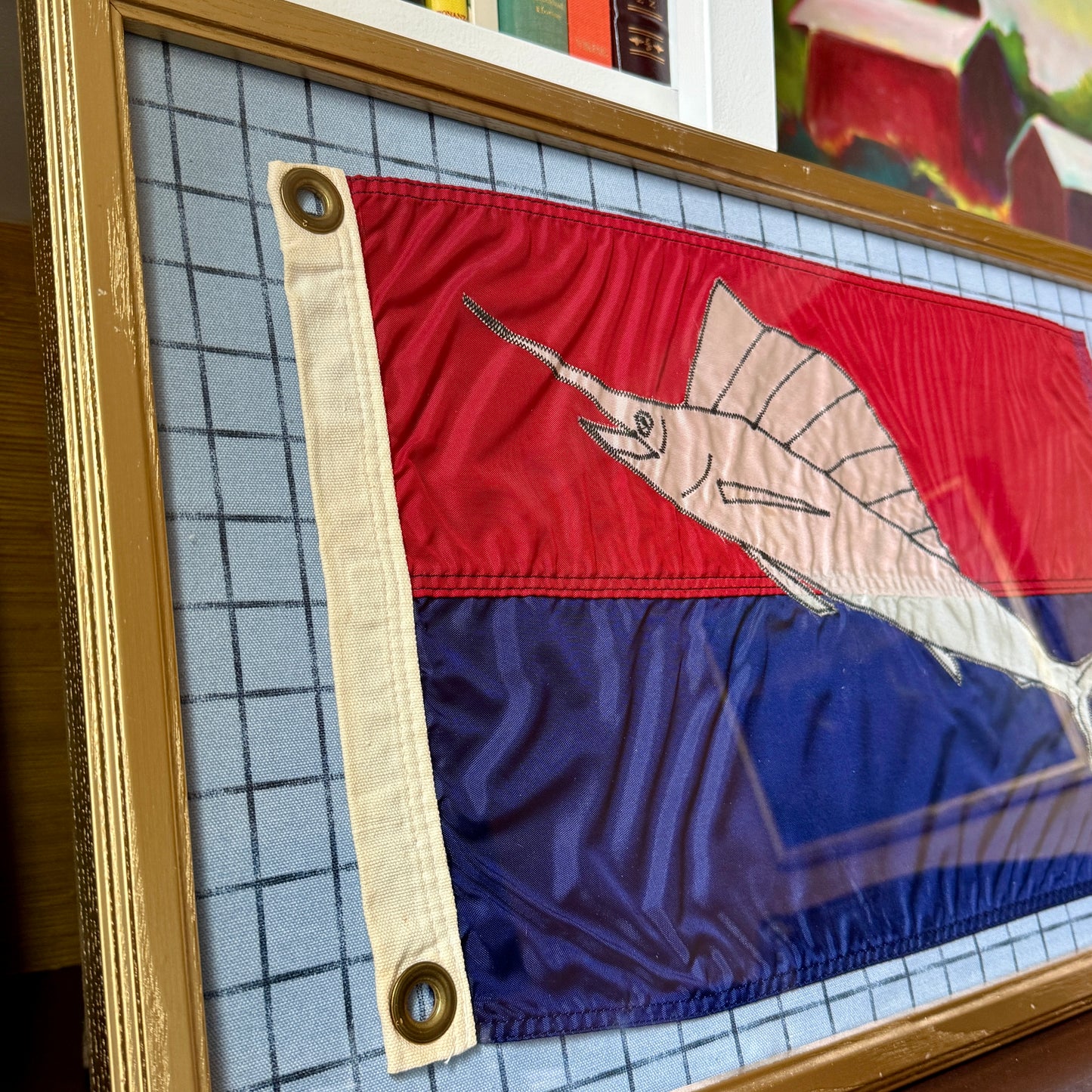 Vintage Sailfish Capture Trophy Flag on Blue Windowpane Check Fabric in Gold Frame