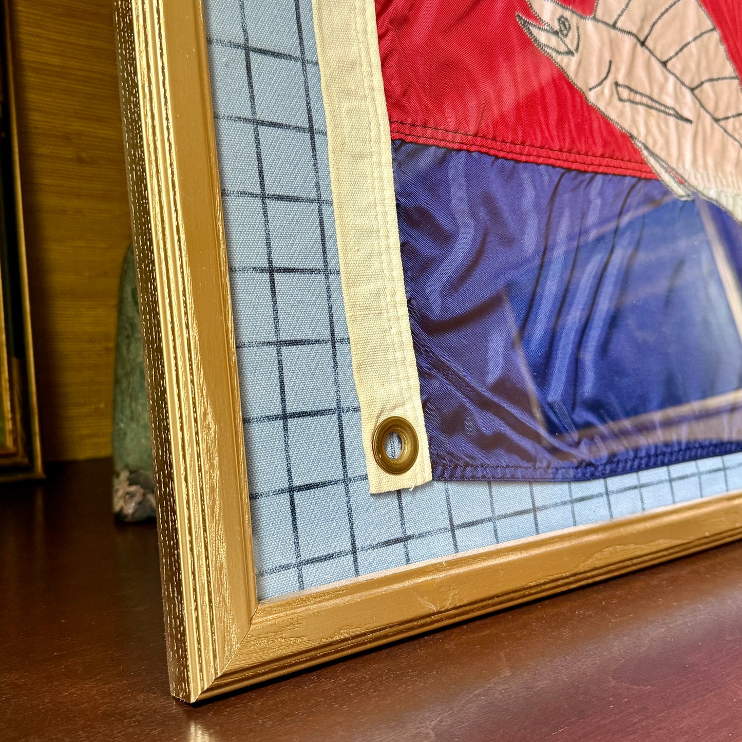 Vintage Sailfish Capture Trophy Flag on Blue Windowpane Check Fabric in Gold Frame