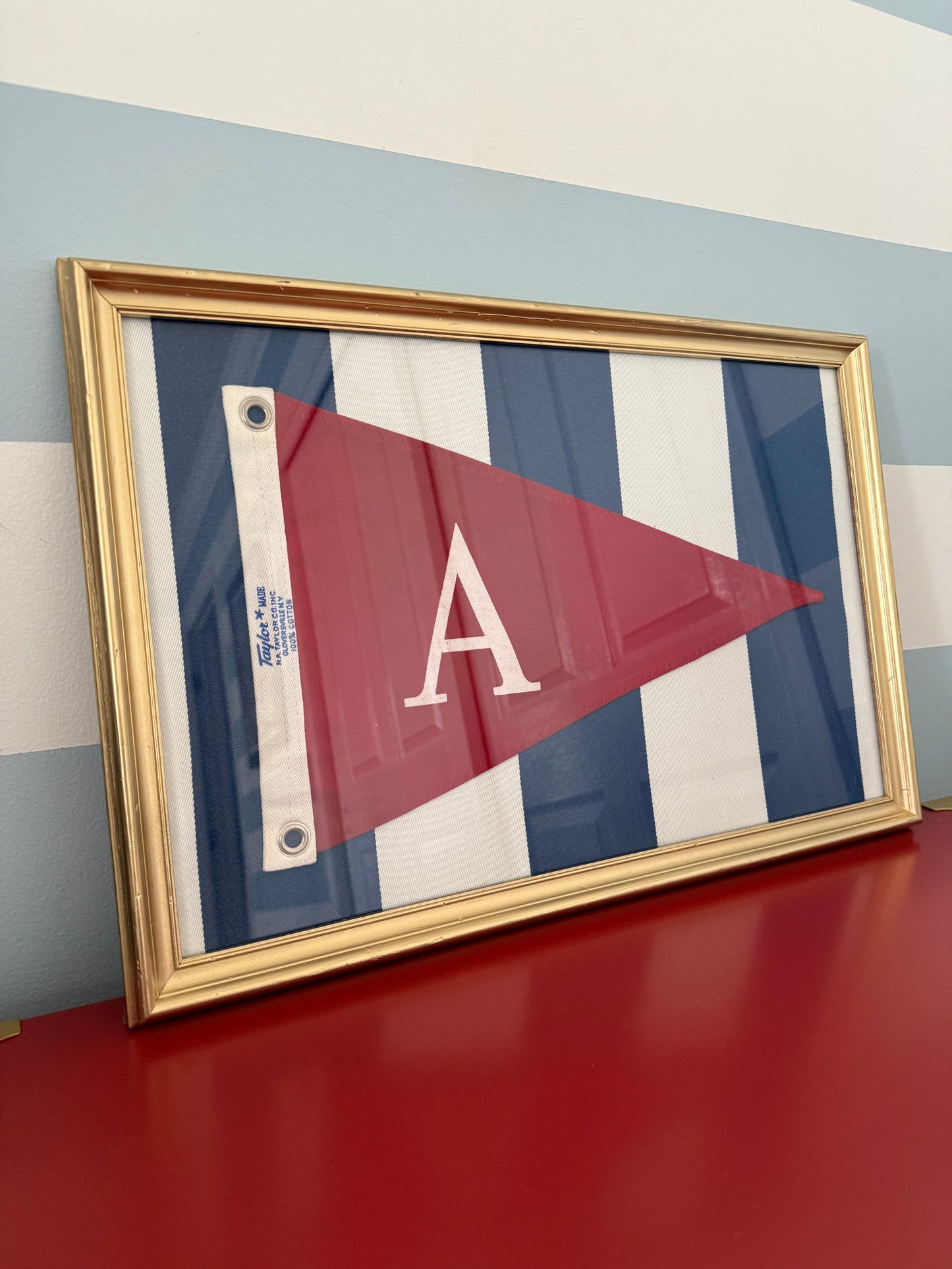 Vintage "A" Burgee Nautical Flag on Striped Canvas in Gold Frame