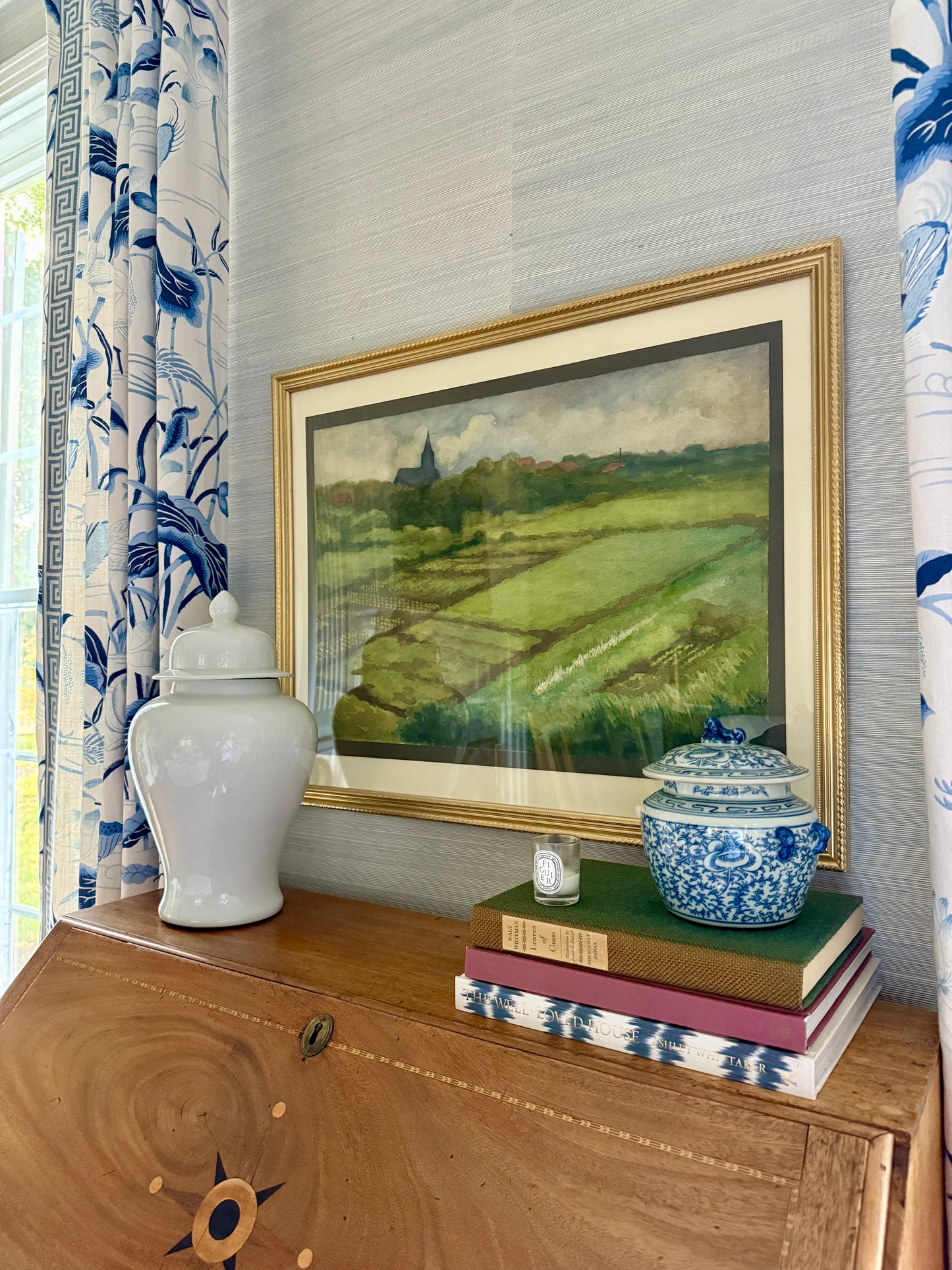 1942 Large Sprawling Farm Landscape Watercolor Painting in Gold Frame