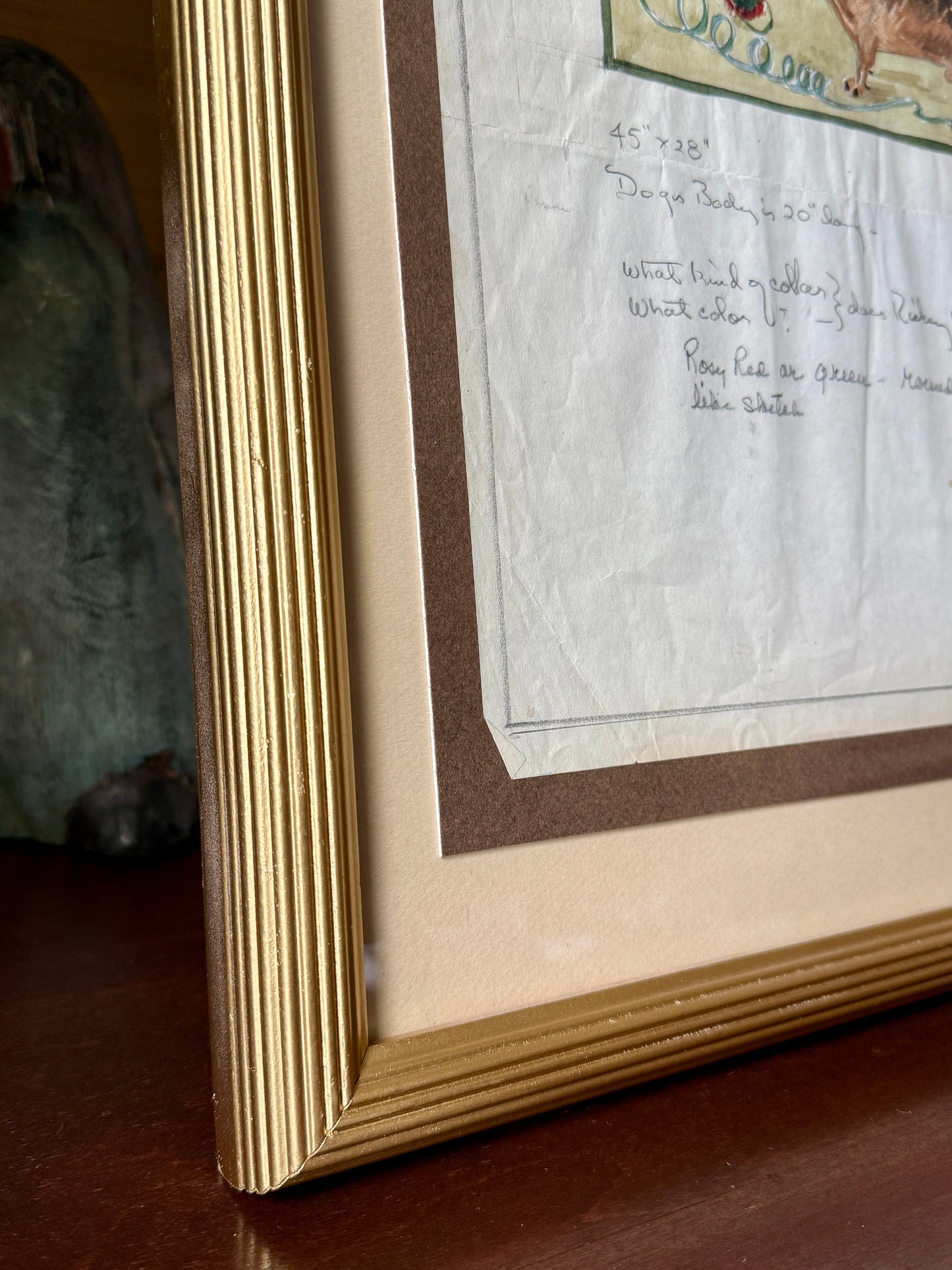George Wells Ricky the Party Dachshund Rug Design Sketch in Gold Frame