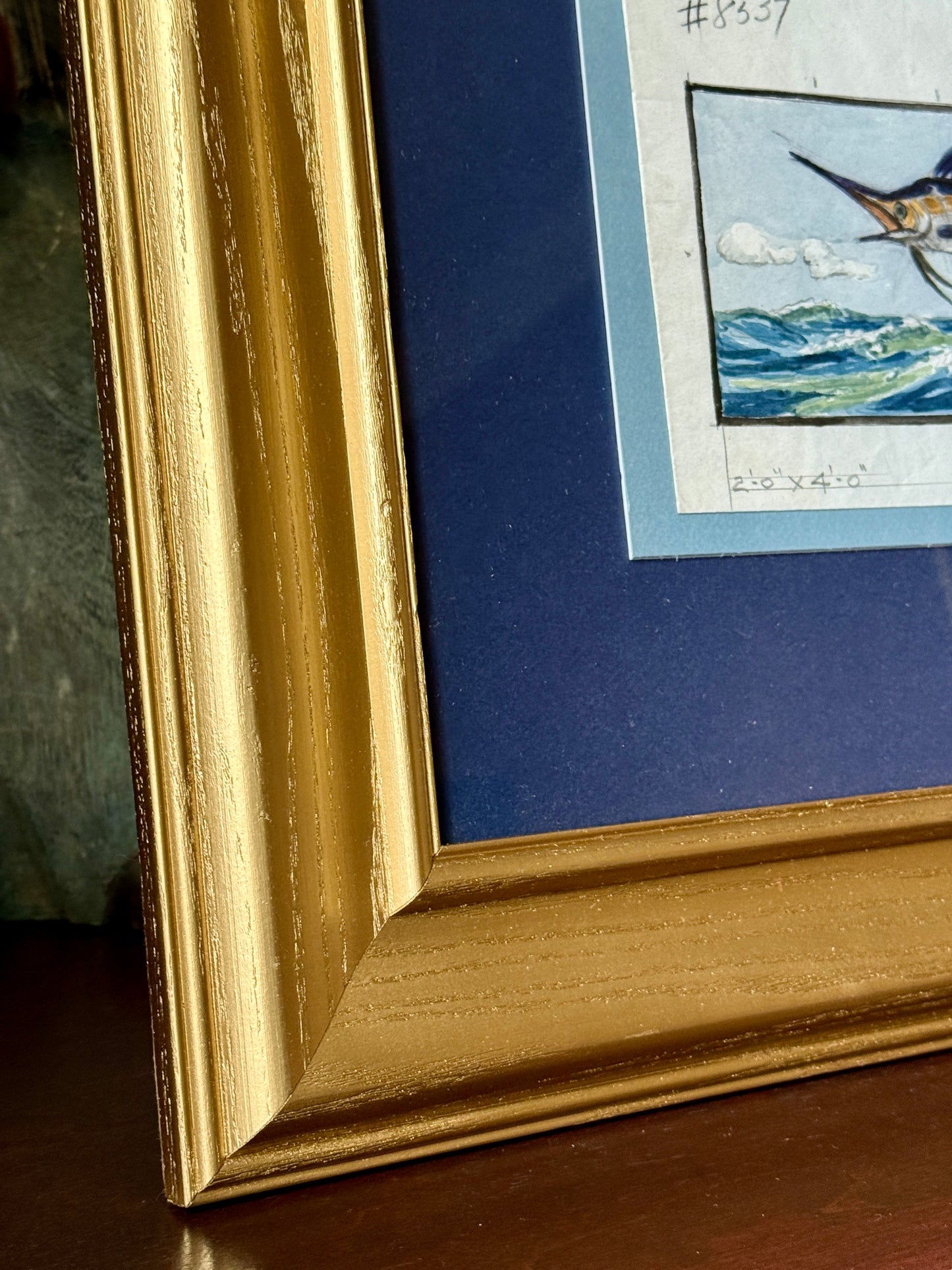 George Wells Marlin Fish Rug Design Watercolor Painting for Mr. DiMaggio in Gold Frame