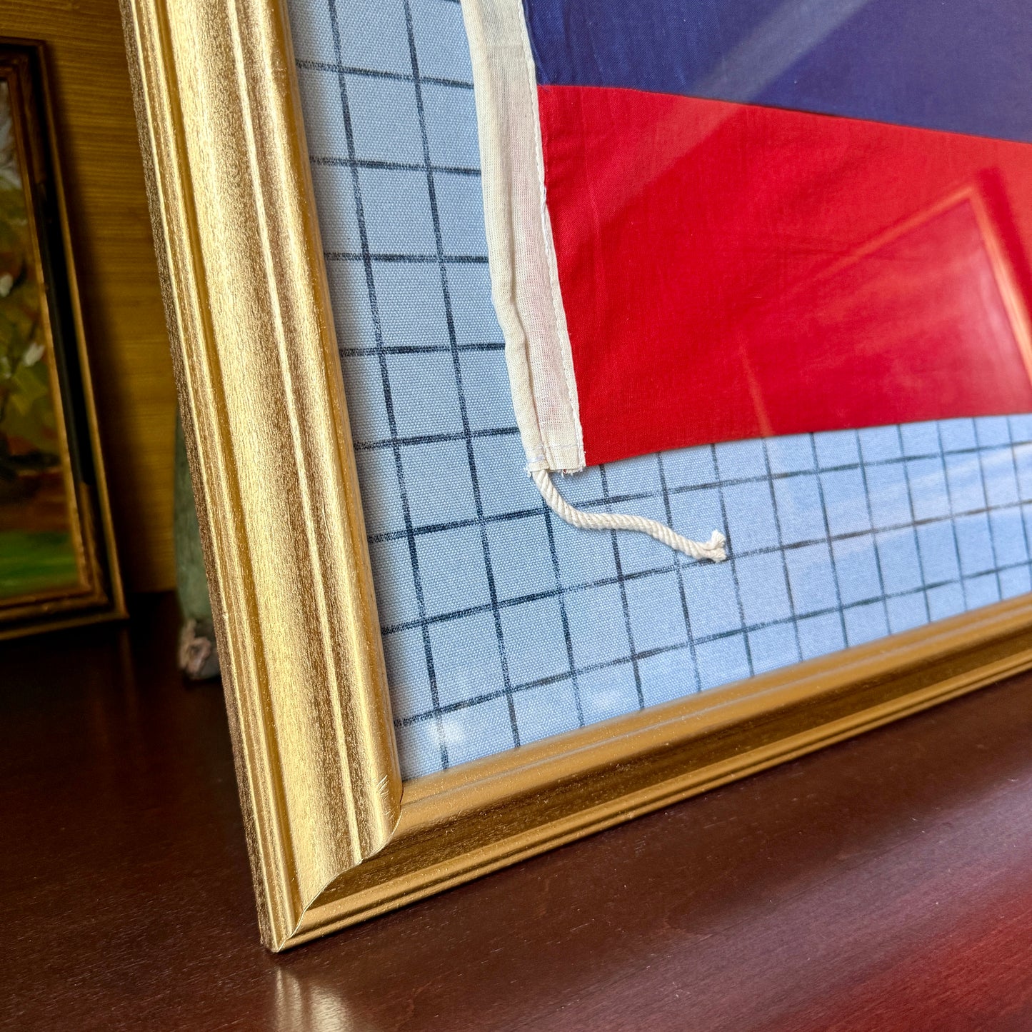 Vintage Canvas Nautical Signal Flag for "E" on Blue Windowpane Check in Gold Frame