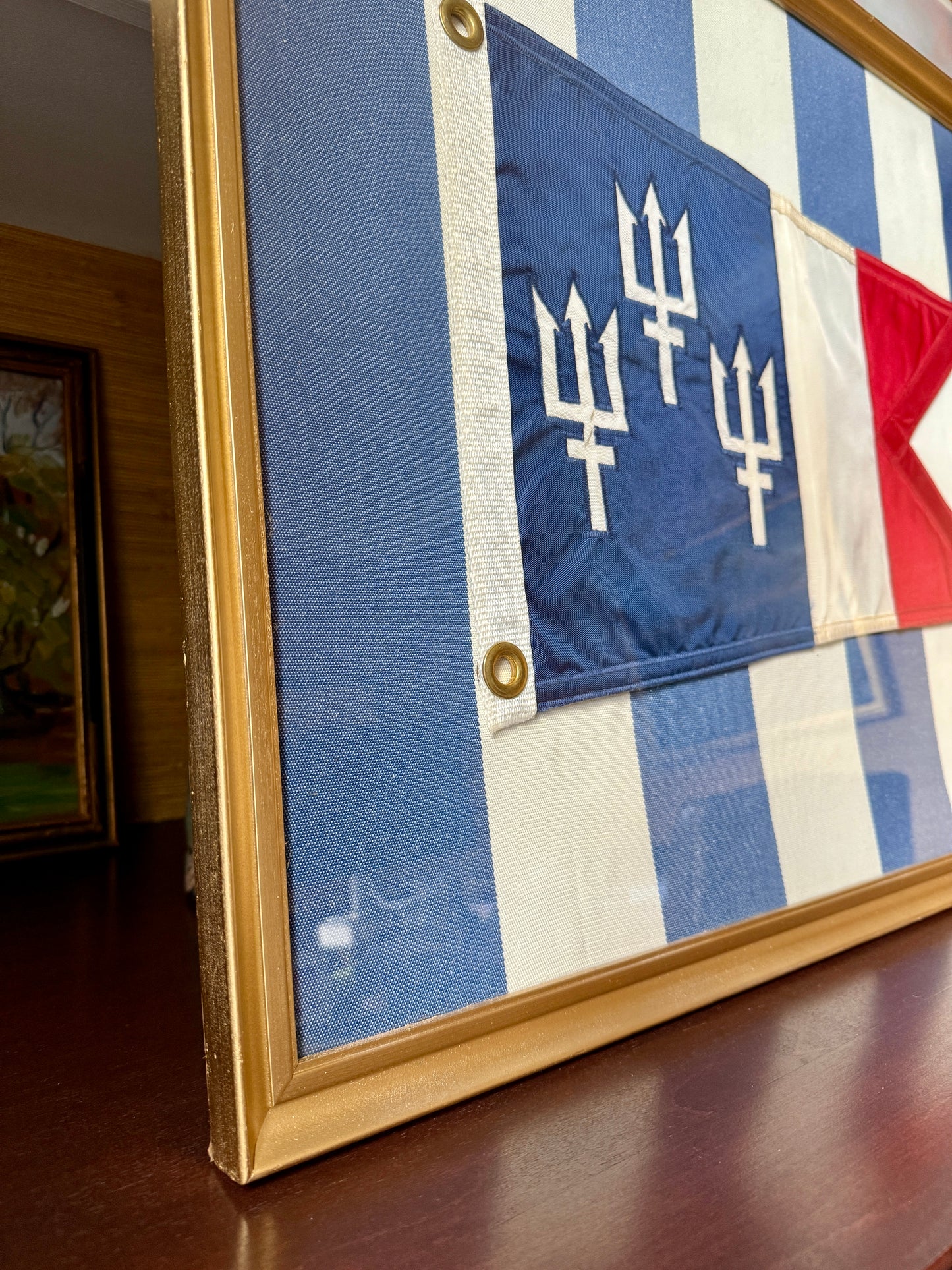 Vintage United States Power Squadron Boston Yacht Club Commander Trident Flag Mounted on Blue Stipes in Gold Frame