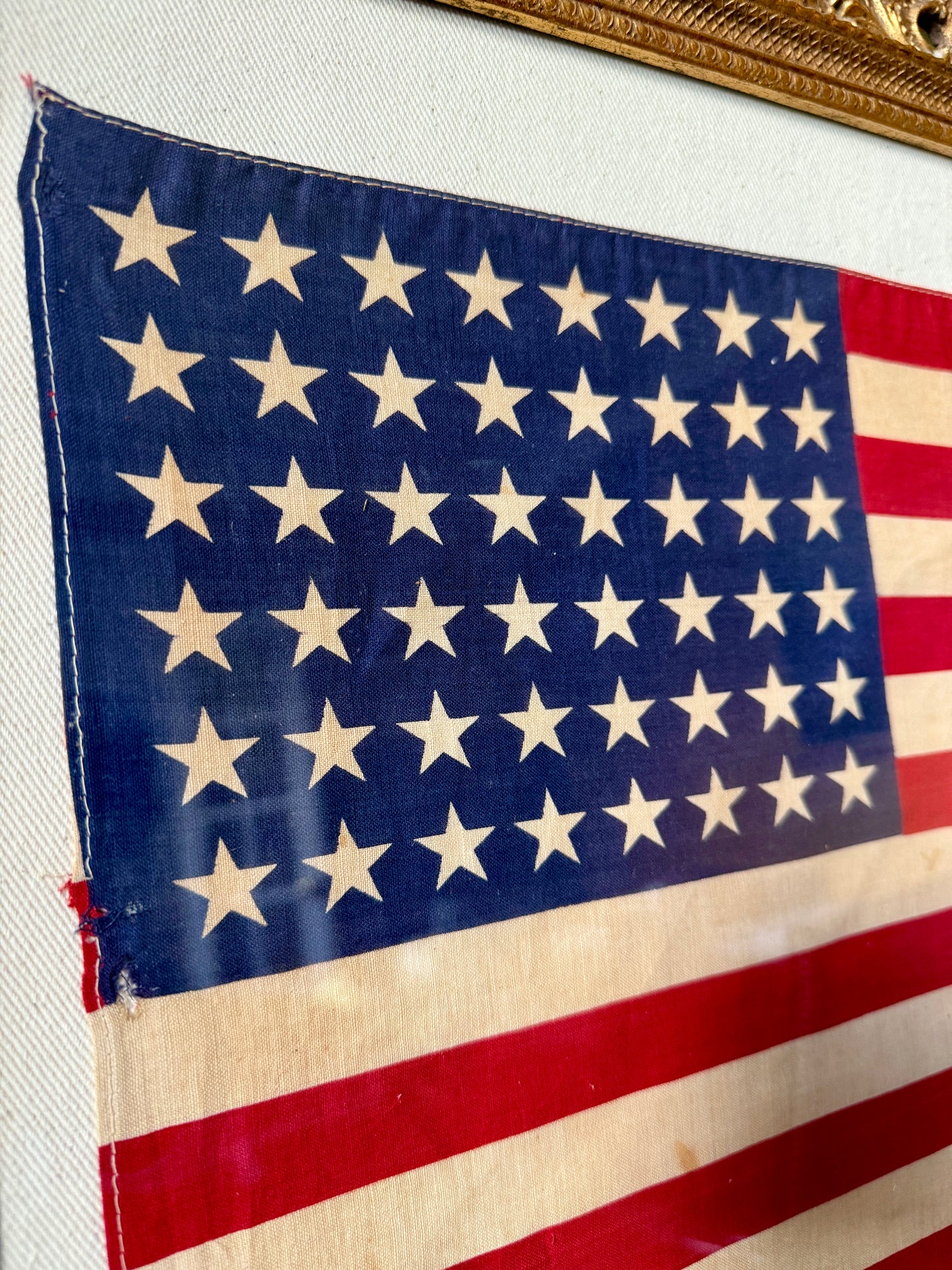 48 Star American Flag on Duck Cloth in Ornate Gold 19th Century Frame