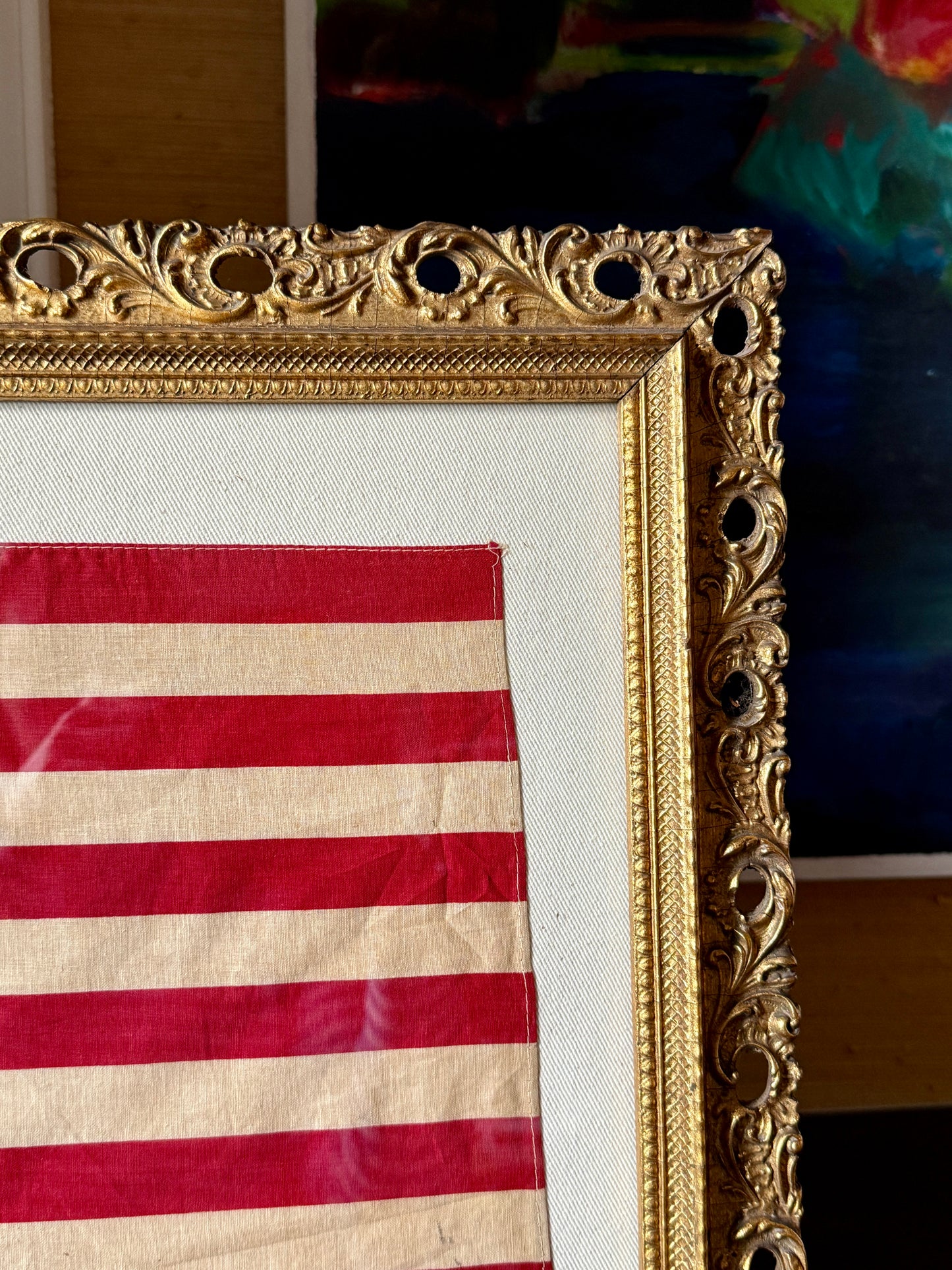48 Star American Flag on Duck Cloth in Ornate Gold 19th Century Frame