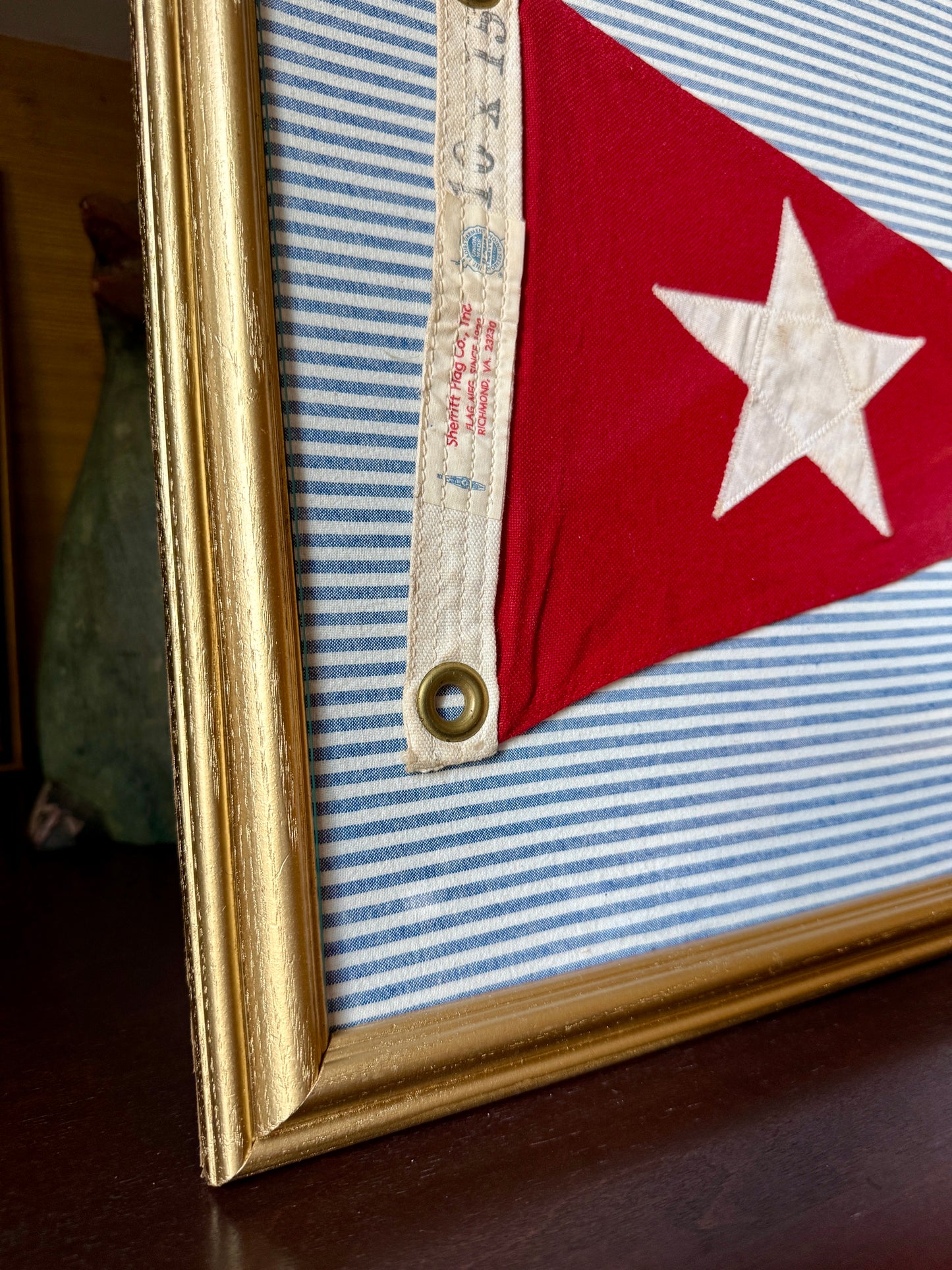 Vintage Red and White Stitched Star Canvas Nautical Burgee on Blue Ticking Stripes in Gold Frame