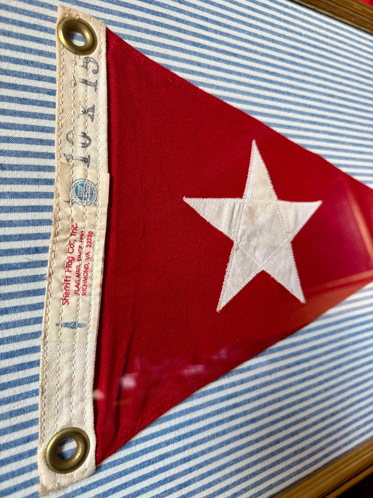 Vintage Red and White Stitched Star Canvas Nautical Burgee on Blue Ticking Stripes in Gold Frame