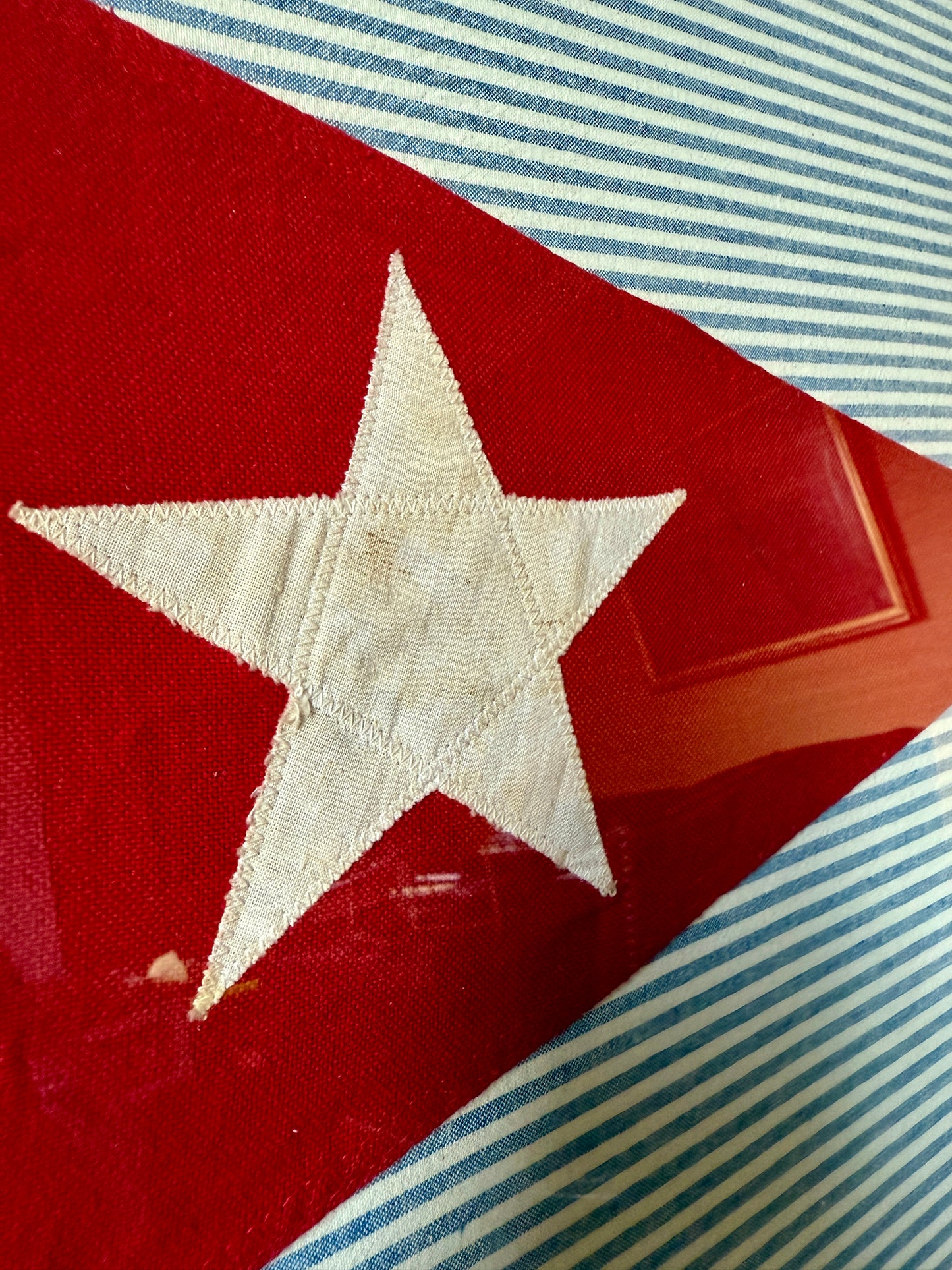 Vintage Red and White Stitched Star Canvas Nautical Burgee on Blue Ticking Stripes in Gold Frame