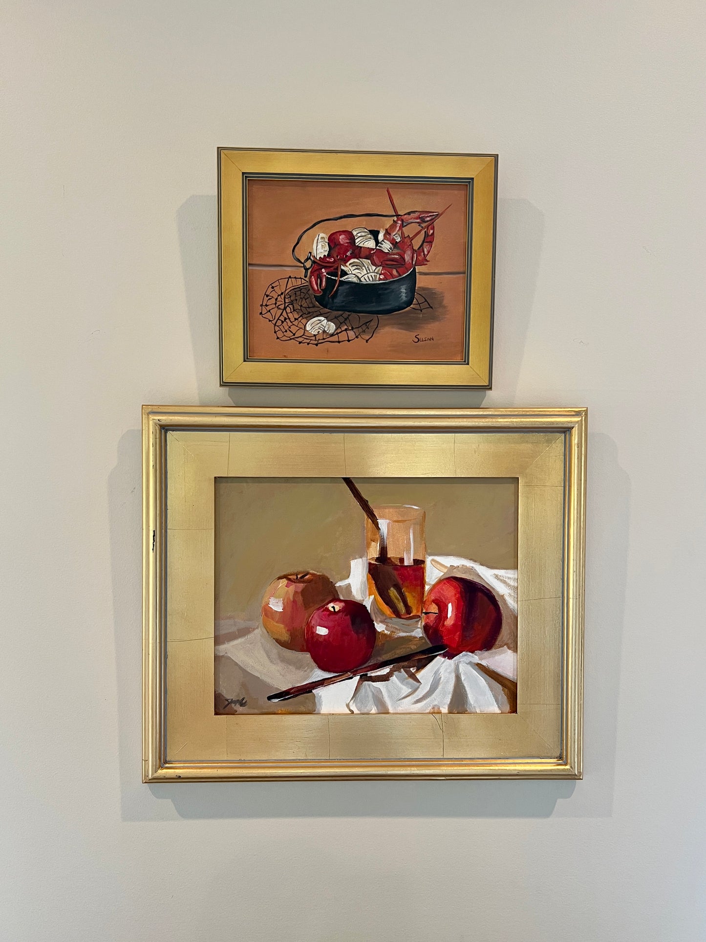 Vintage Lobster Pot Folk Style Painting in Gold Frame