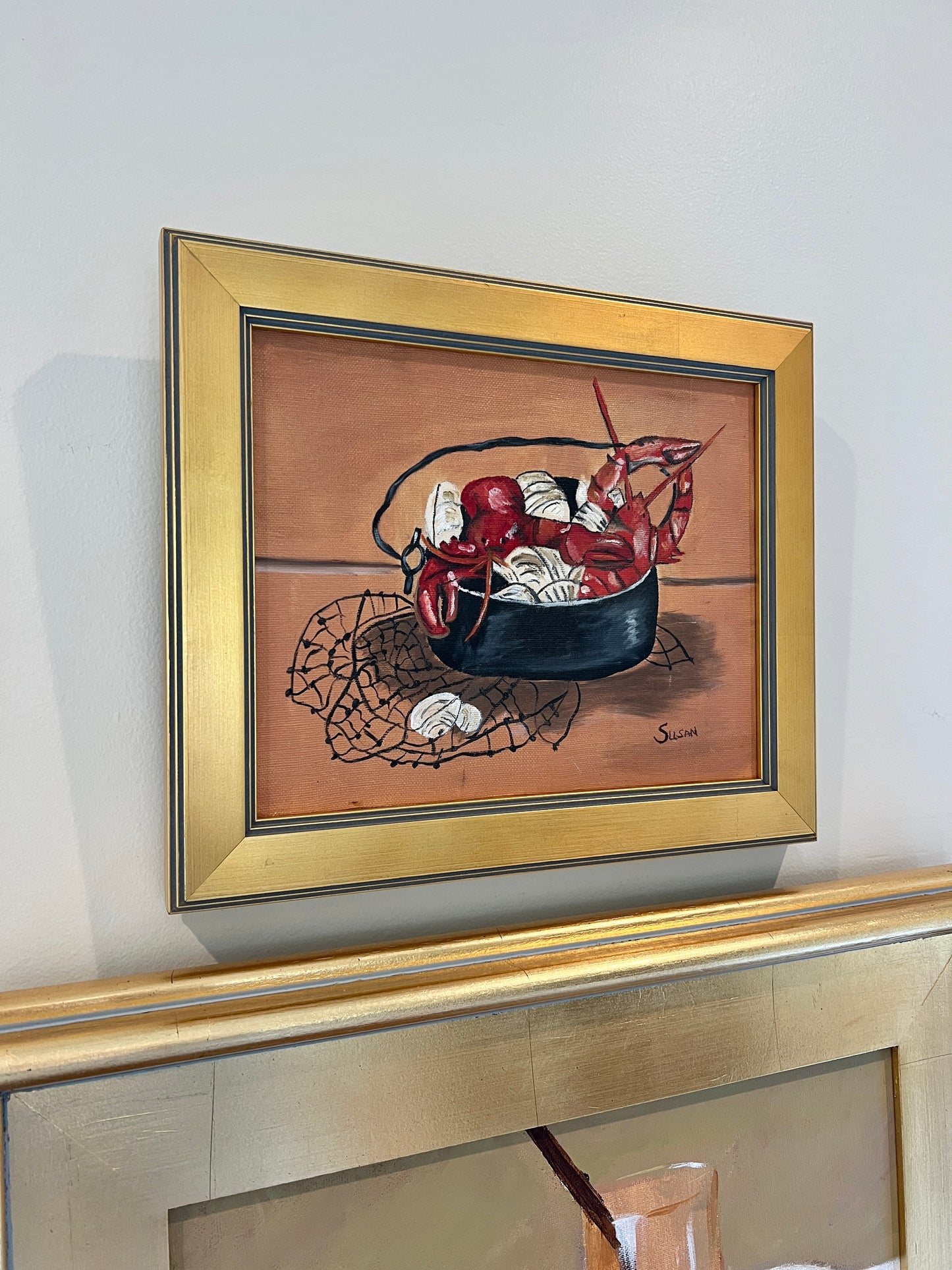 Vintage Lobster Pot Folk Style Painting in Gold Frame
