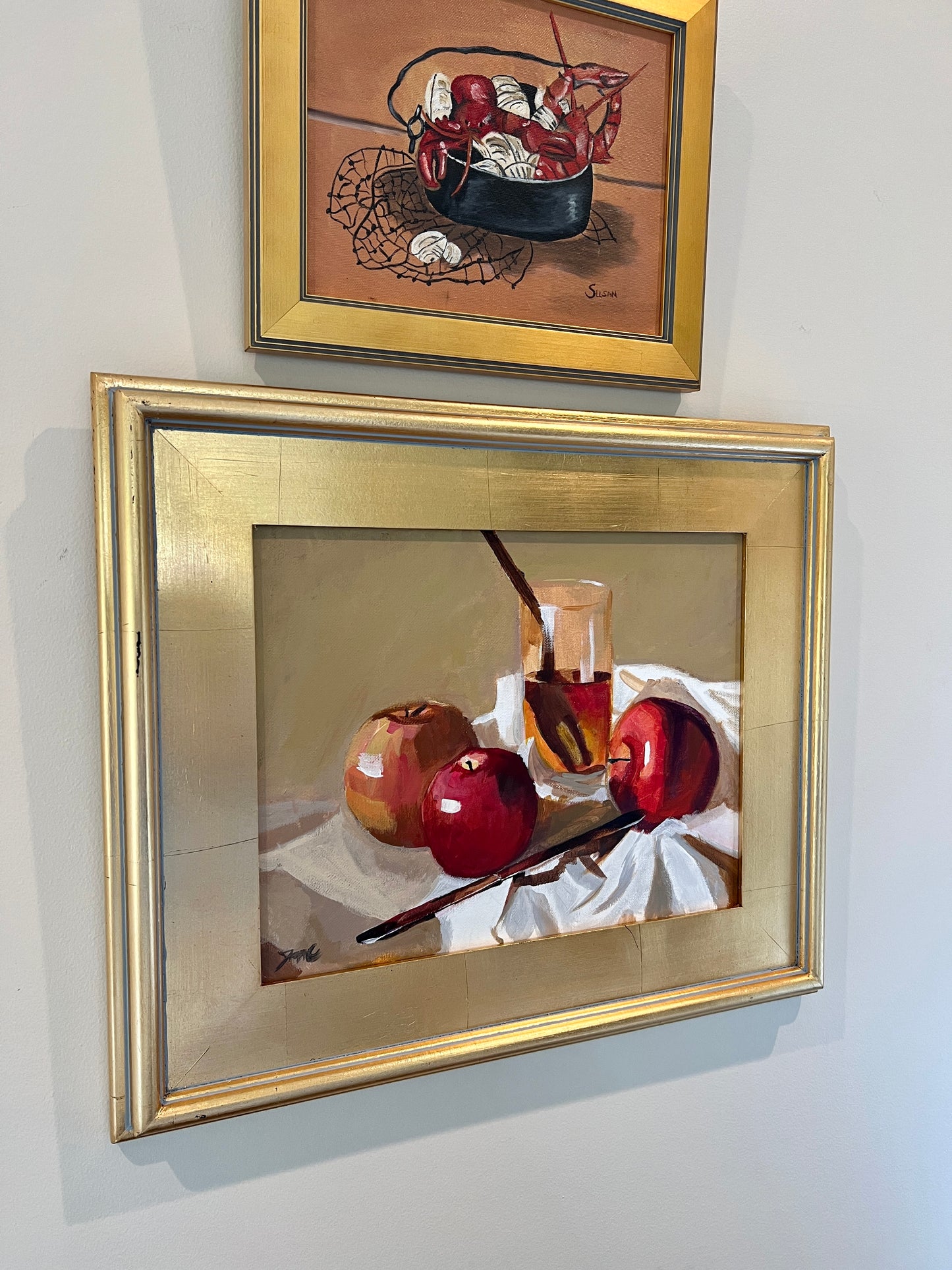 Glass Half Full Still Life Painting in Gold Frame