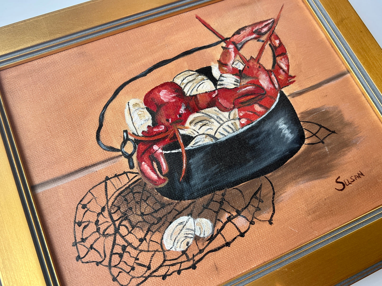 Vintage Lobster Pot Folk Style Painting in Gold Frame