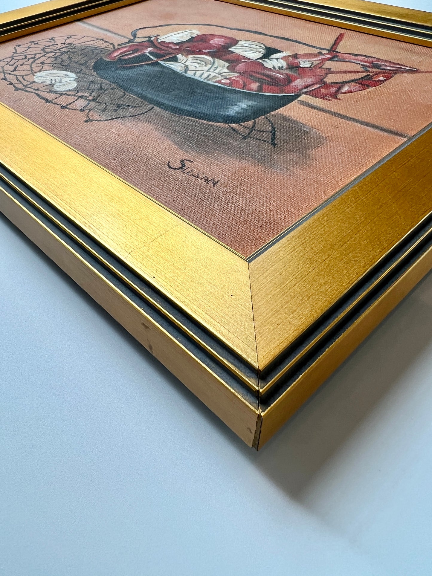 Vintage Lobster Pot Folk Style Painting in Gold Frame