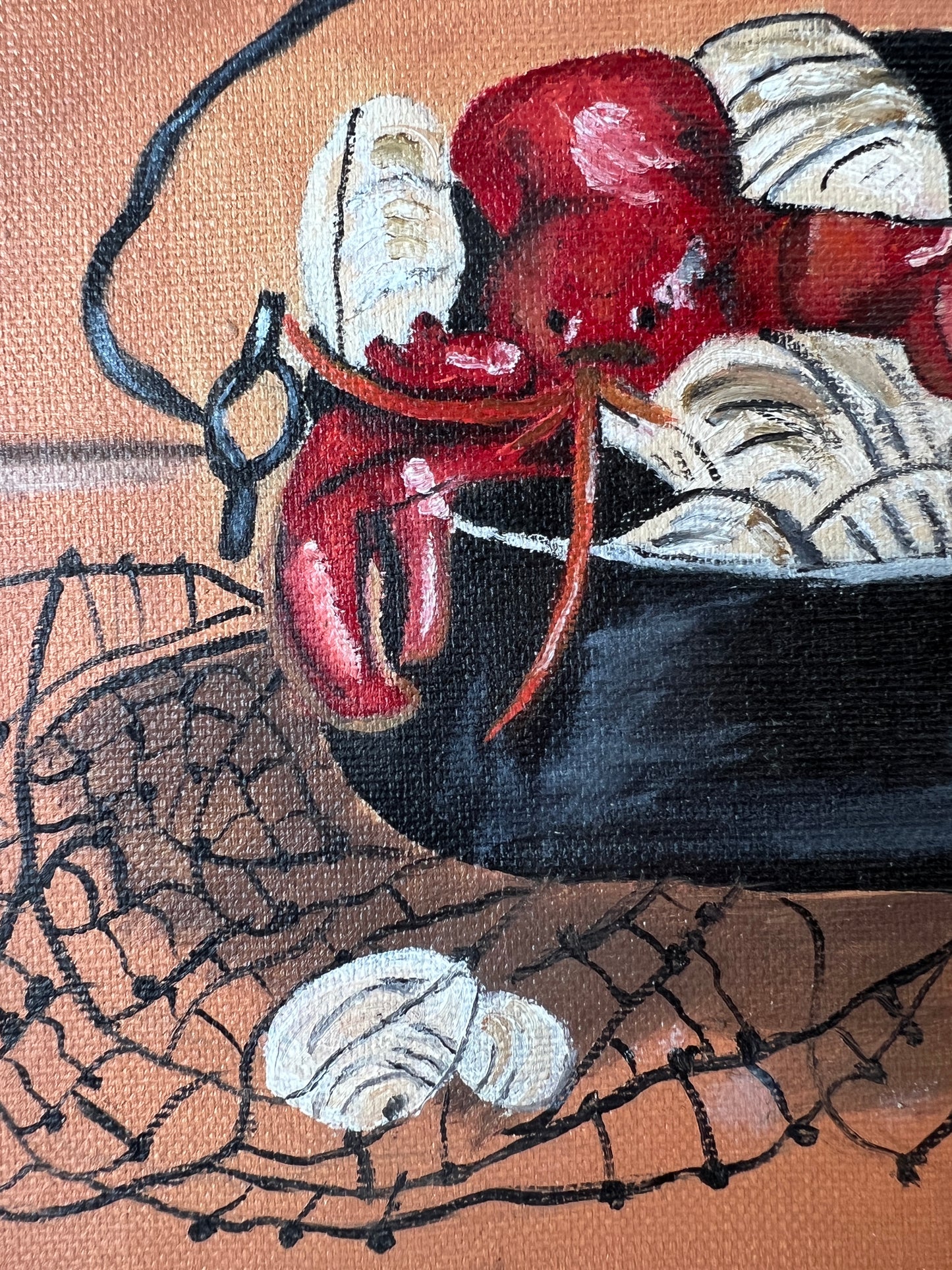 Vintage Lobster Pot Folk Style Painting in Gold Frame