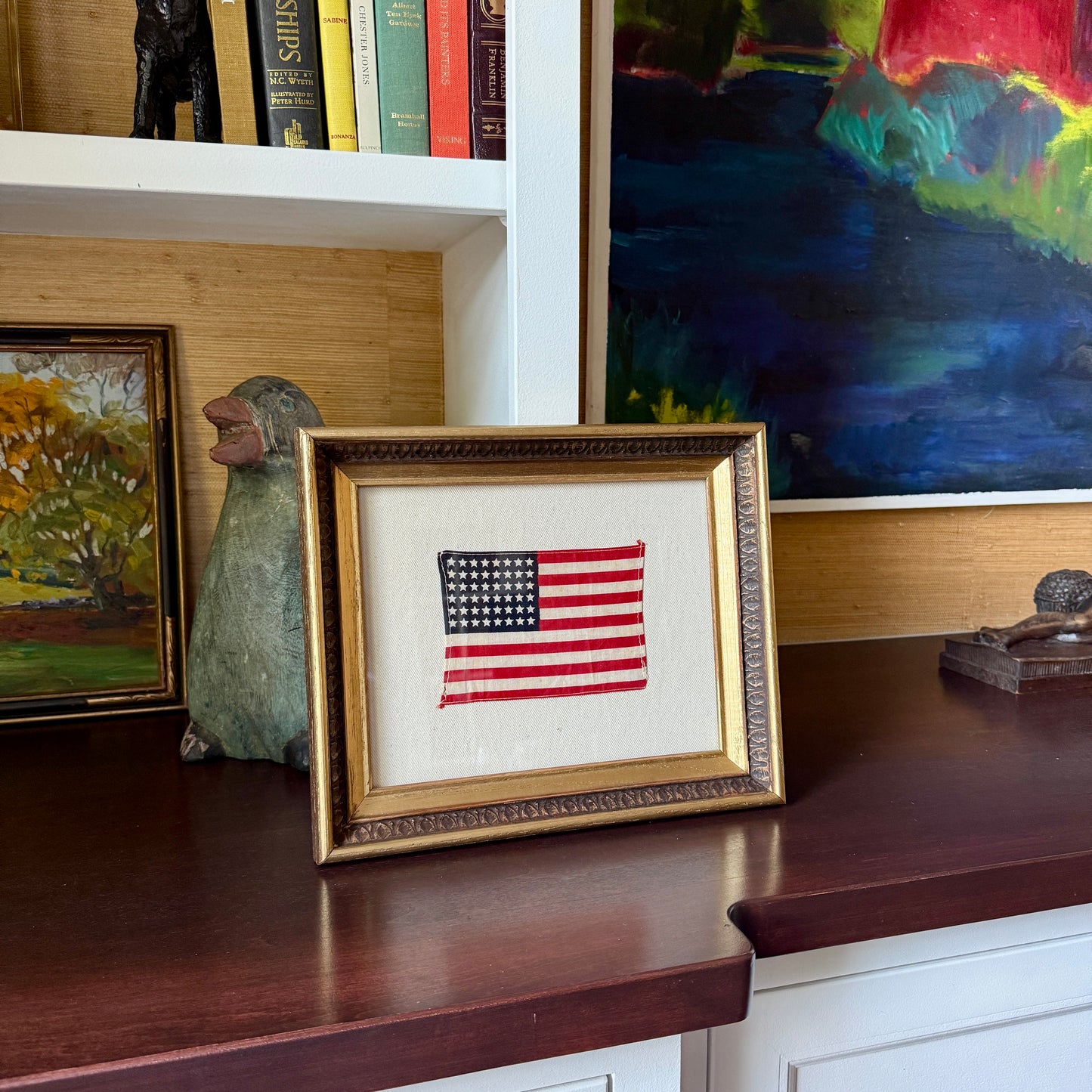 48 Star American Parade Flag on Duck Cloth in Ornate Gold Frame