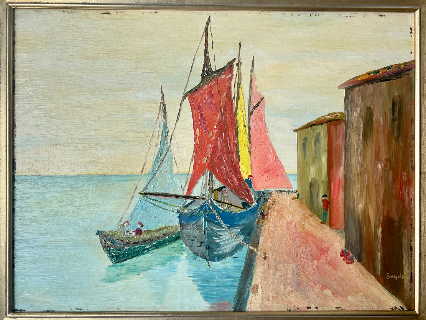 Mid Century Portuguese Sails Sailboats in Harbor Oil Painting in Gold Frame
