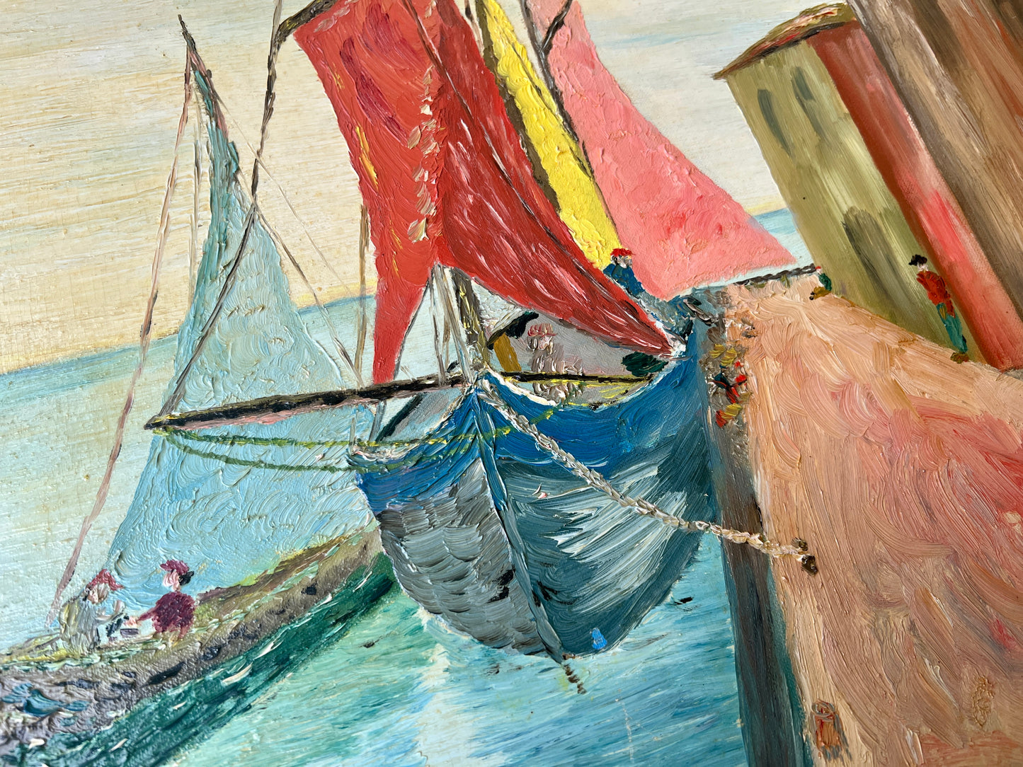 Mid Century Portuguese Sails Sailboats in Harbor Oil Painting in Gold Frame