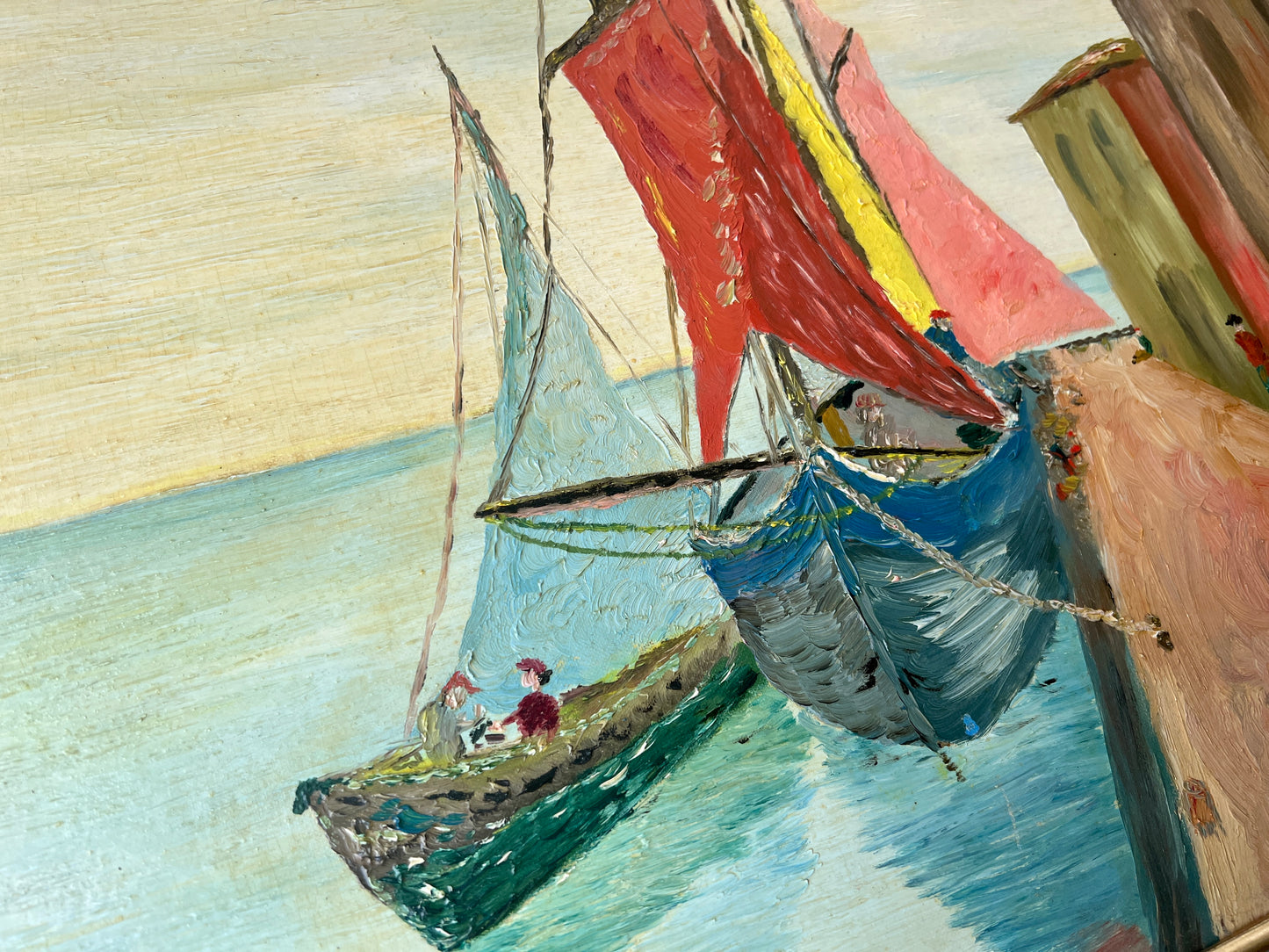 Mid Century Portuguese Sails Sailboats in Harbor Oil Painting in Gold Frame