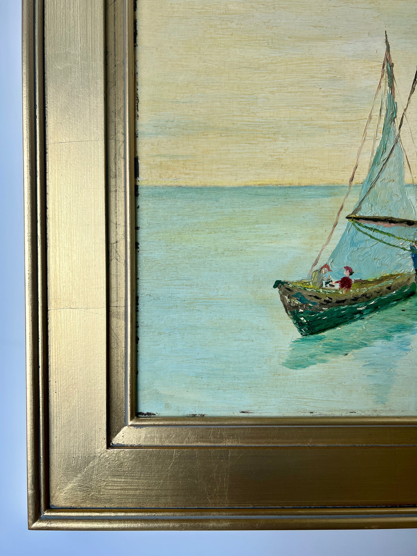 Mid Century Portuguese Sails Sailboats in Harbor Oil Painting in Gold Frame