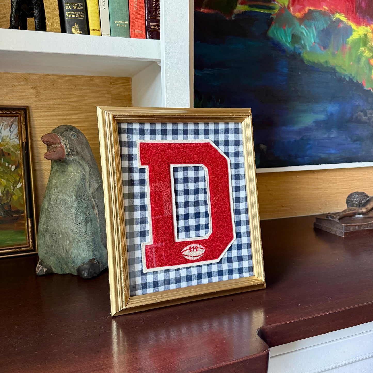 Vintage Large Varsity Football Initial Letter "D" on Black Gingham Fabric in Gold Frame