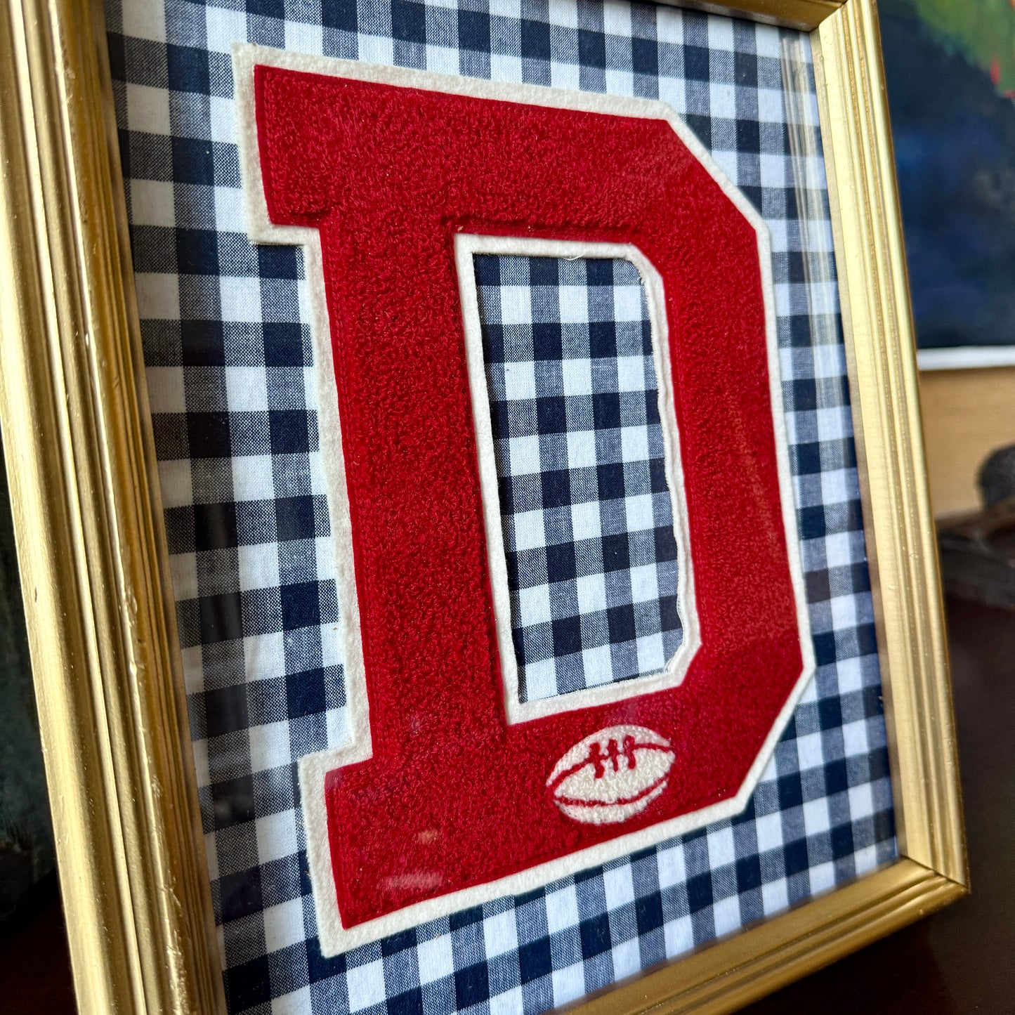 Vintage Large Varsity Football Initial Letter "D" on Black Gingham Fabric in Gold Frame