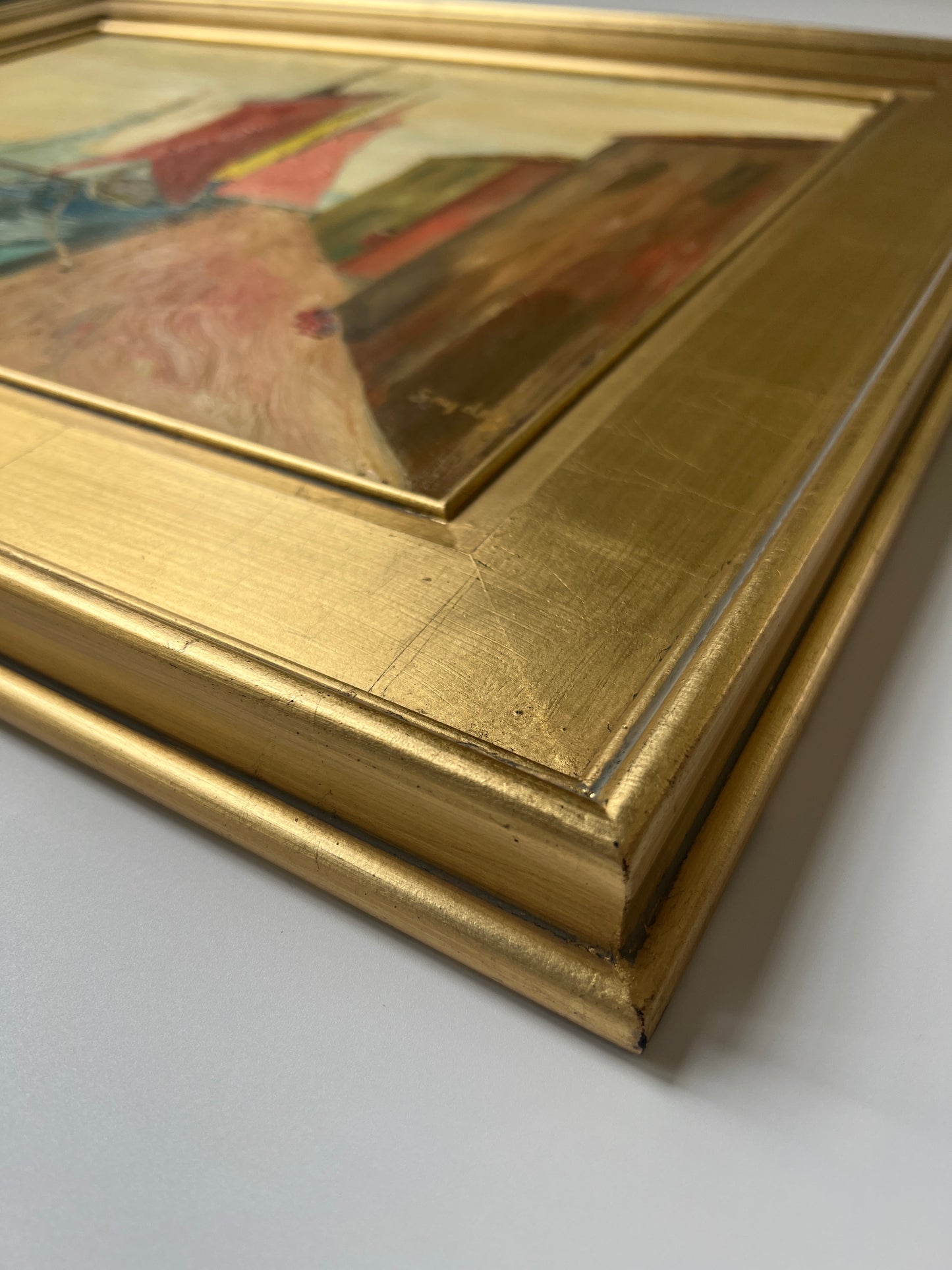 Mid Century Portuguese Sails Sailboats in Harbor Oil Painting in Gold Frame